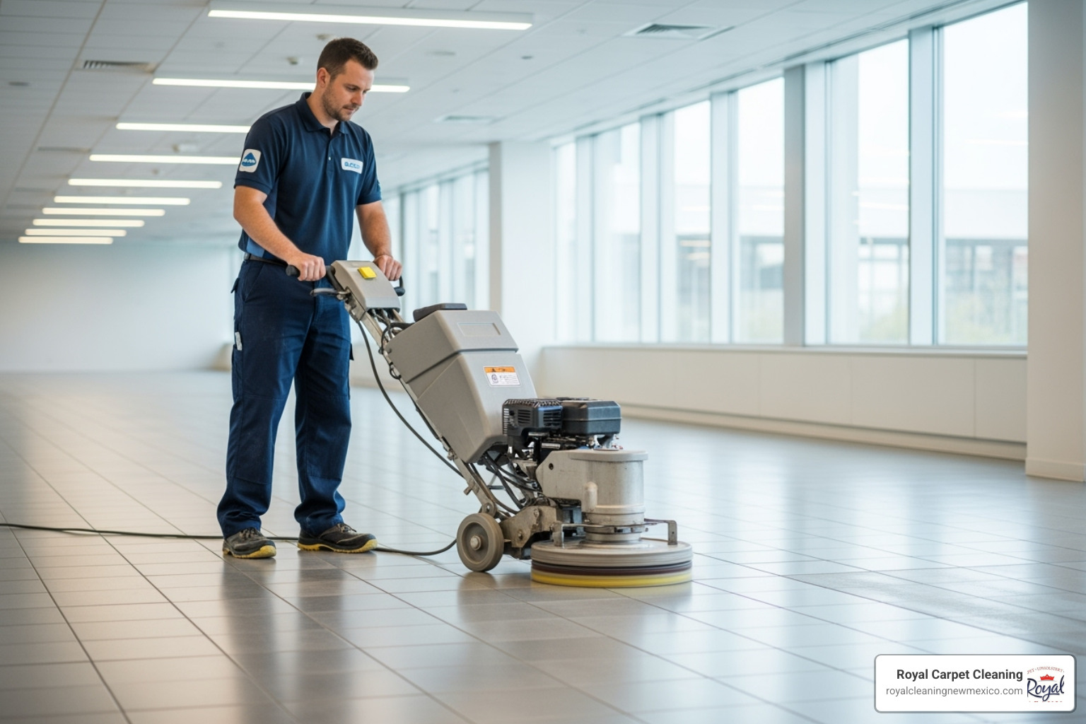 technician using a floor buffer on a commercial tile floor - commercial tile floor refinishing