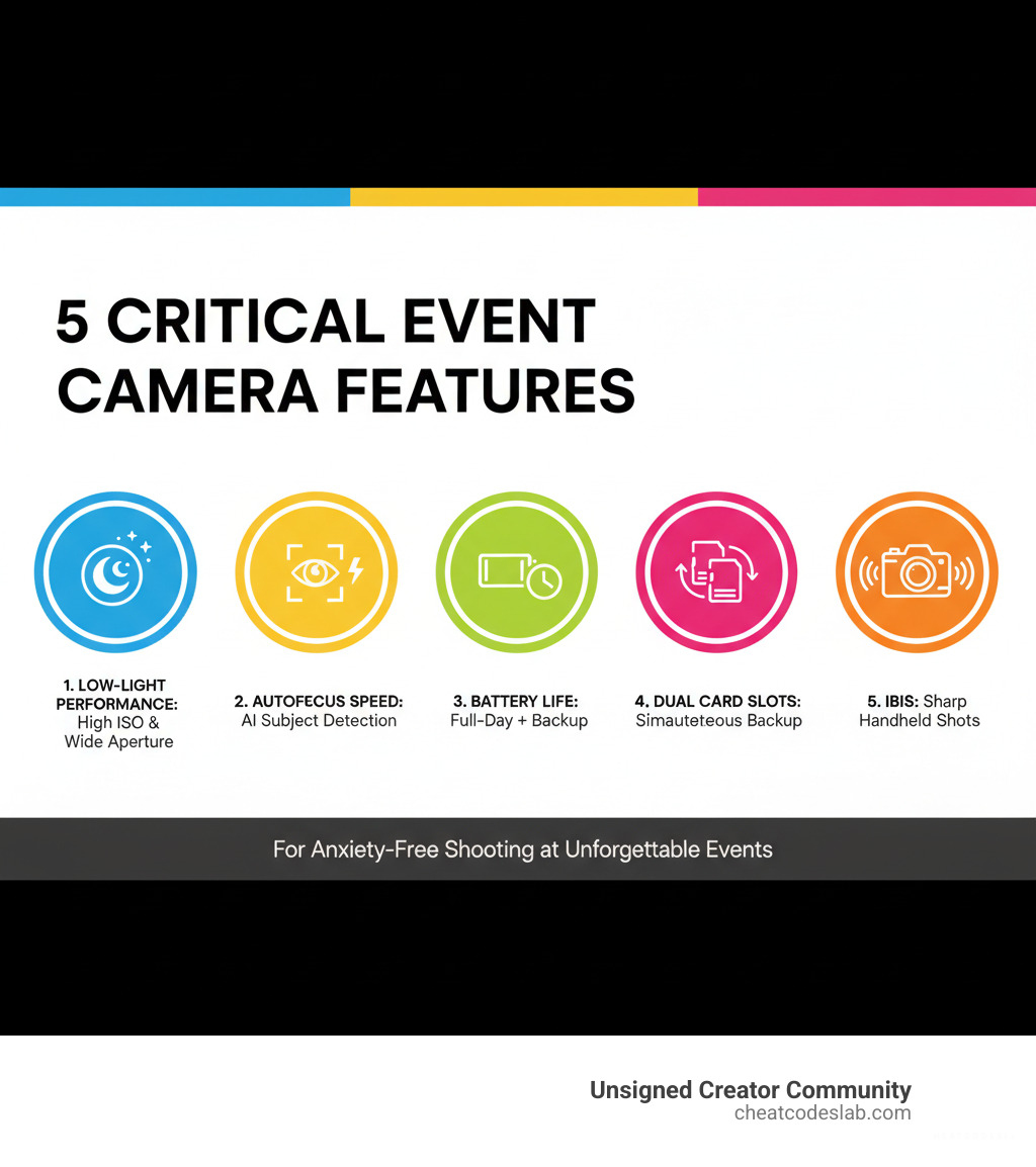 Infographic showing 5 Critical Event Camera Features: 1. Low-Light Performance with high ISO capability and wide aperture lenses, 2. Autofocus Speed with AI subject detection and eye-tracking, 3. Battery Life lasting full-day events with backup options, 4. Dual Card Slots for simultaneous backup and anxiety-free shooting, 5. IBIS In-Body Image Stabilization for sharp handheld shots during long shoots - Best camera for events infographic 