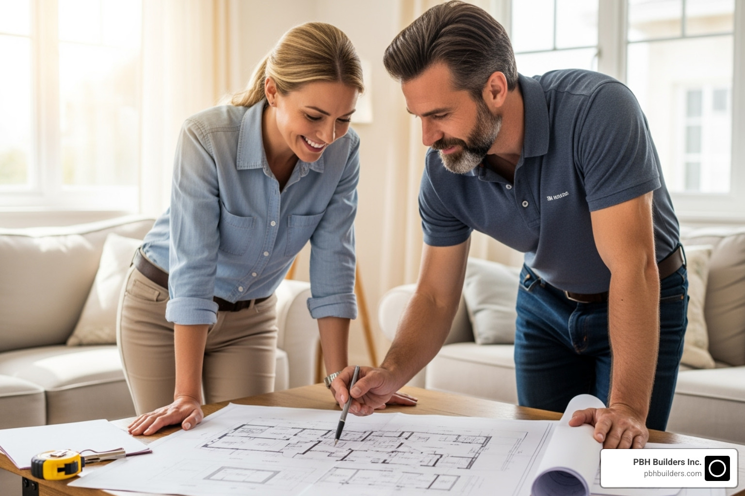 homeowner happily reviewing blueprints with a contractor - kitchen remodel contractors san diego homeowner happily reviewing blueprints with a contractor - kitchen remodel contractors san diego