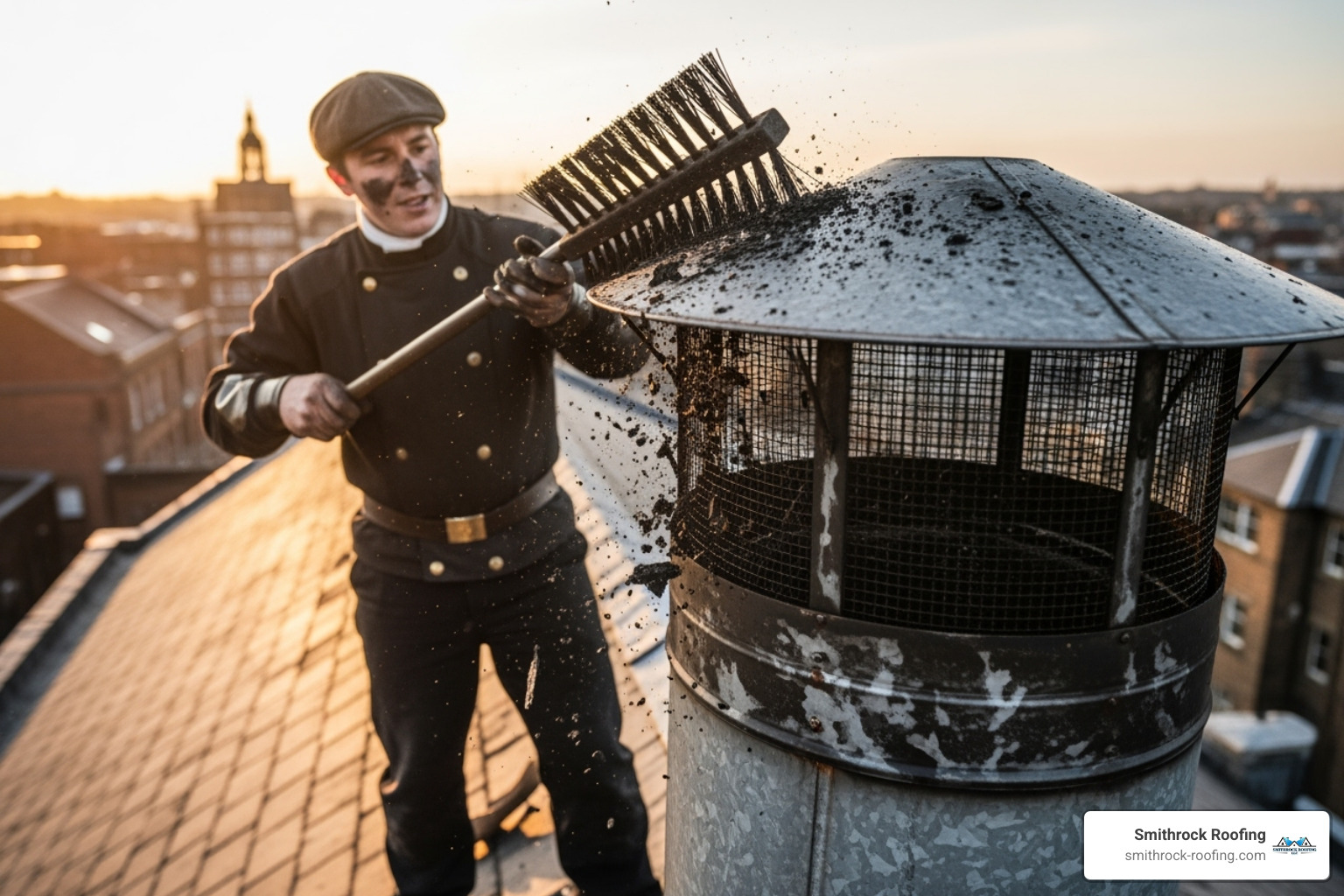 A chimney sweep cleaning a chimney cap screen, removing built-up creosote and debris. - best types of chimney caps A chimney sweep cleaning a chimney cap screen, removing built-up creosote and debris. - best types of chimney caps