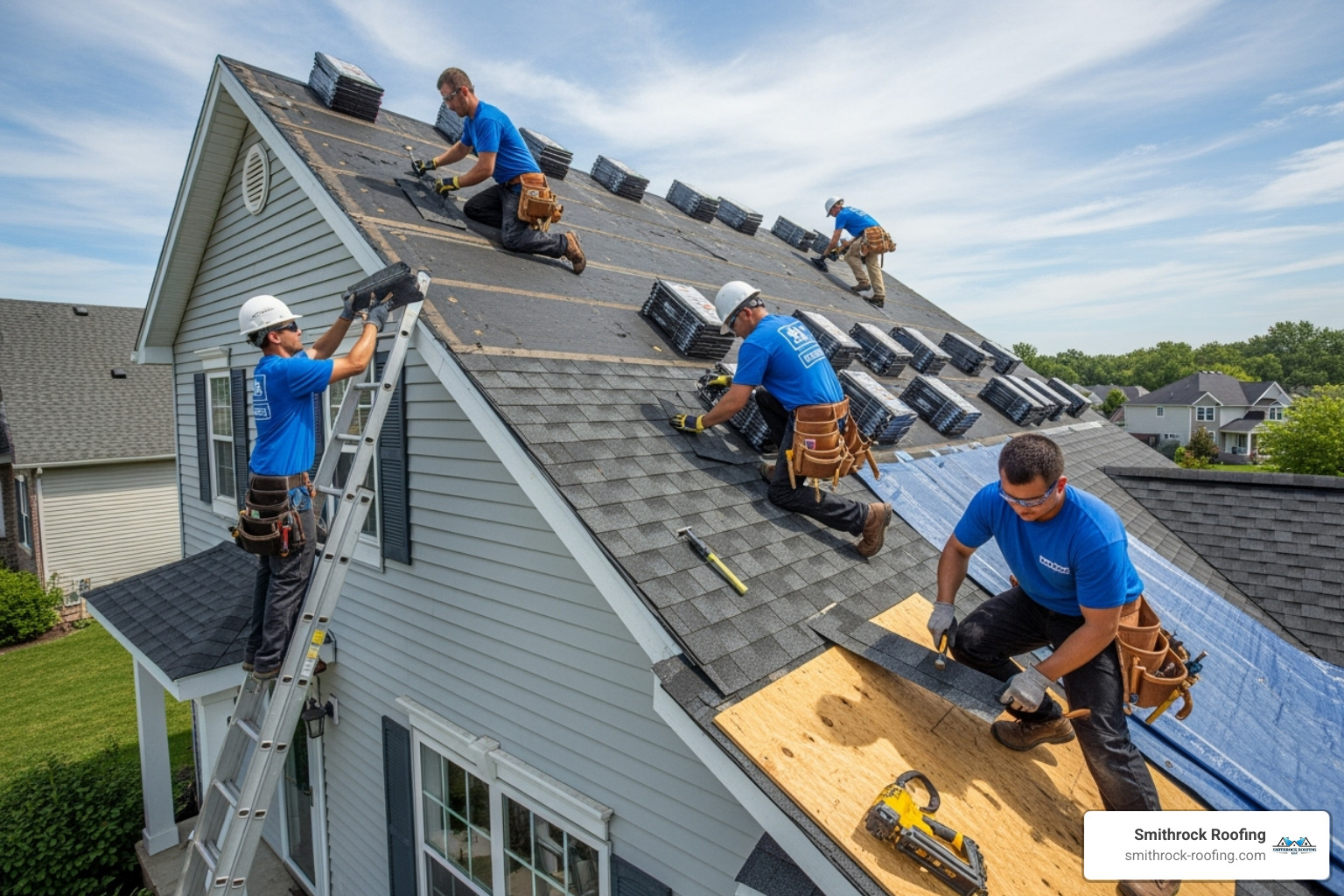 A professional roofing crew installing shingles on a residential roof - High Point roof shingles