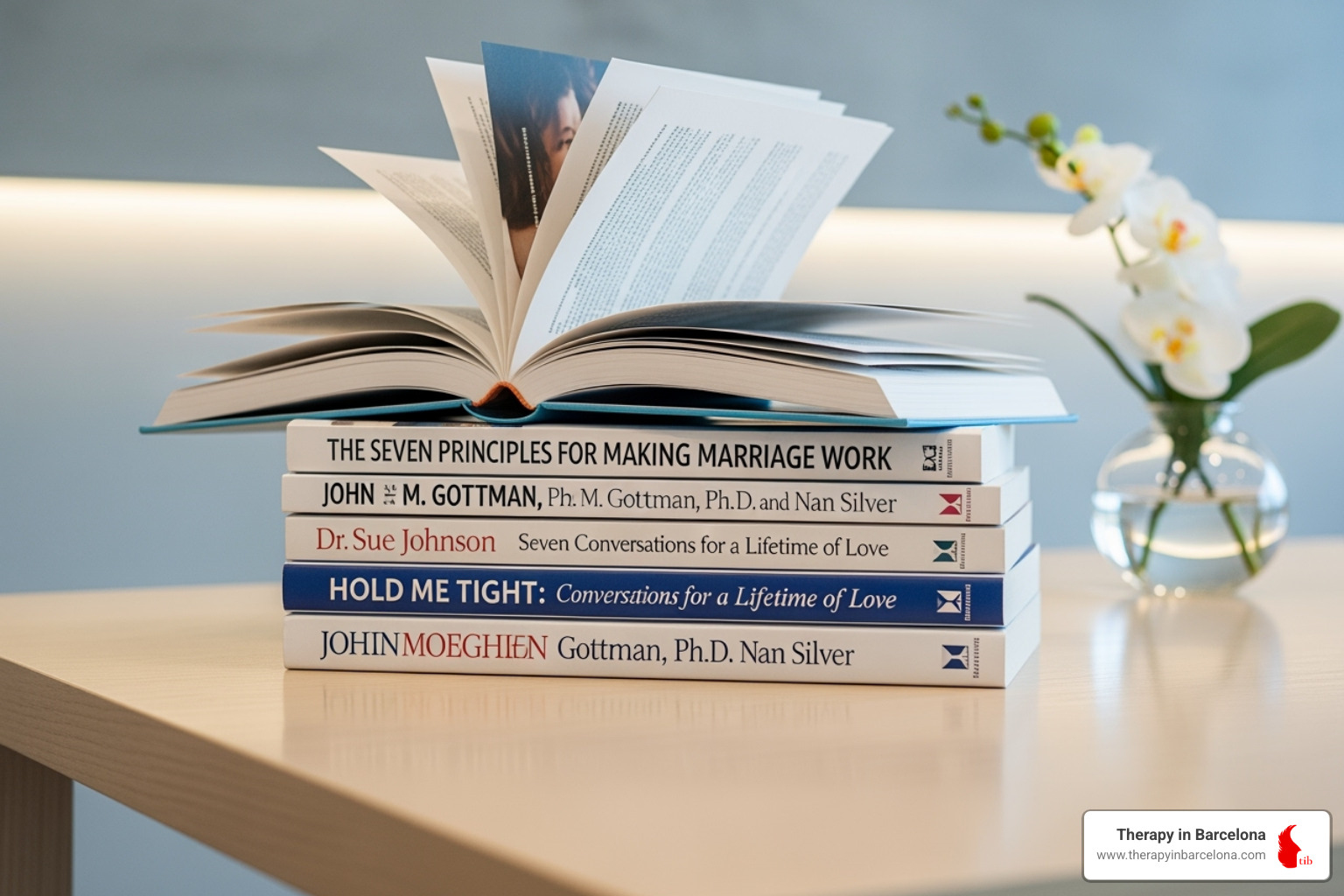 A stack of popular marriage counseling workbooks, including "The Seven Principles for Making Marriage Work" and "Hold Me Tight," displayed on a clean, modern background. - marriage counseling workbook A stack of popular marriage counseling workbooks, including "The Seven Principles for Making Marriage Work" and "Hold Me Tight," displayed on a clean, modern background. - marriage counseling workbook