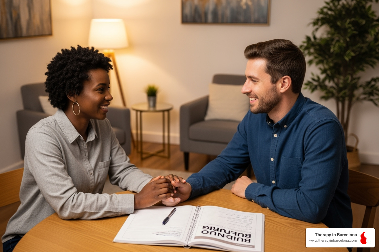 A couple smiling and talking over an open marriage counseling workbook, holding hands gently, showing connection and progress. - marriage counseling workbook A couple smiling and talking over an open marriage counseling workbook, holding hands gently, showing connection and progress. - marriage counseling workbook