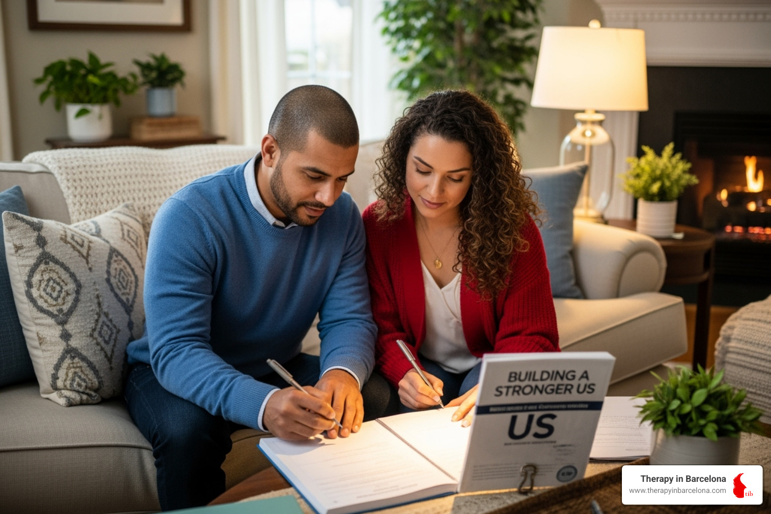 A diverse couple looking thoughtfully at a marriage counseling workbook, with pens in hand, on a cozy living room sofa. - marriage counseling workbook A diverse couple looking thoughtfully at a marriage counseling workbook, with pens in hand, on a cozy living room sofa. - marriage counseling workbook