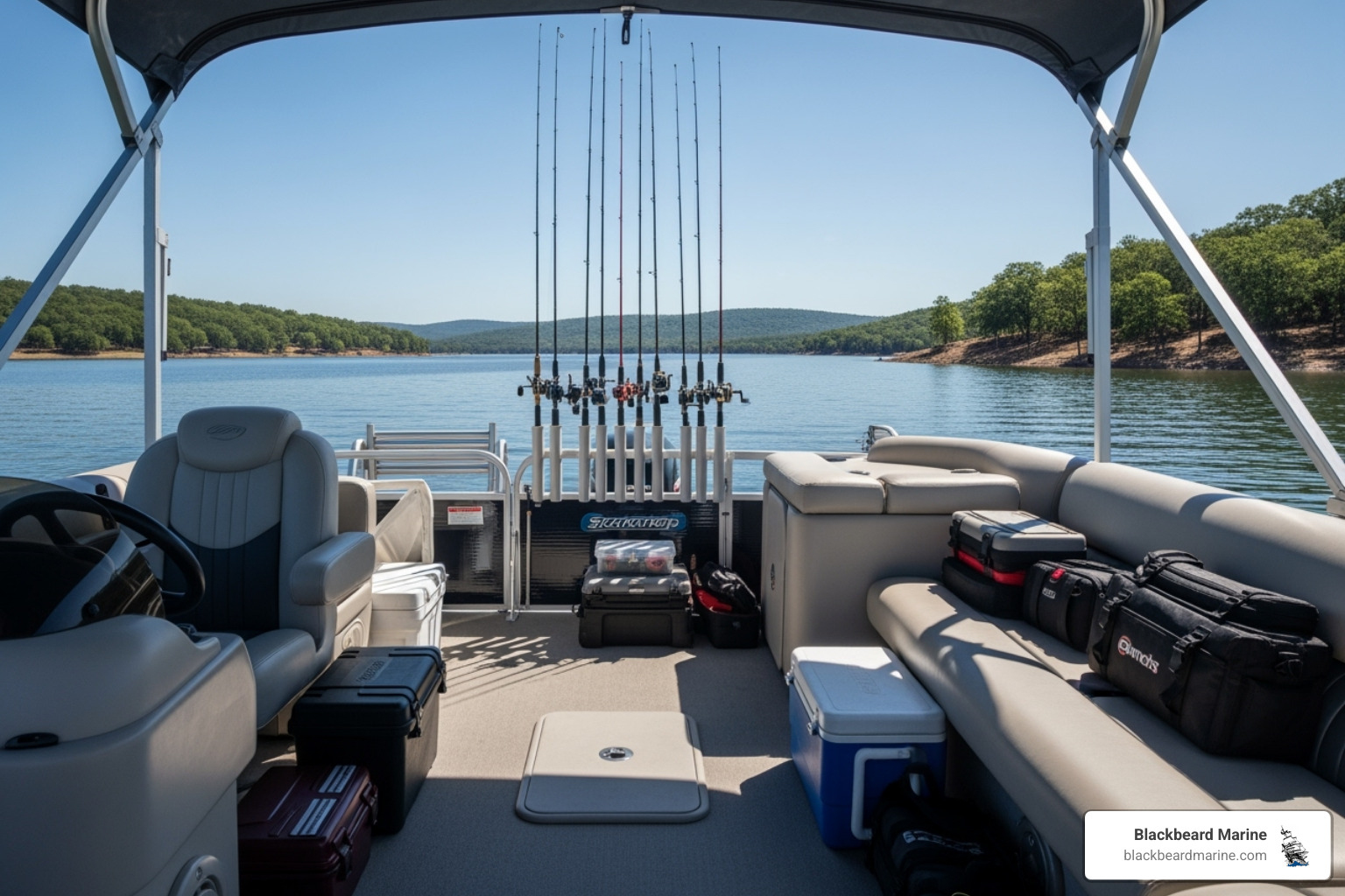 spacious Suncatcher or Lowe pontoon deck with fishing gear neatly organized - Pontoon boat fishing setup