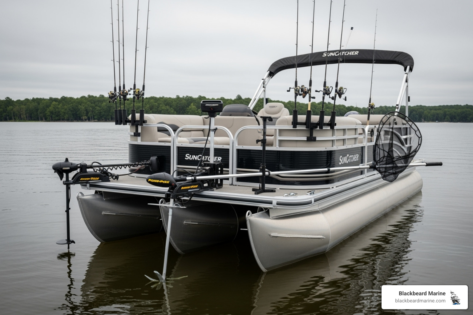 fully rigged Suncatcher or Lowe fishing pontoon with key accessories highlighted - Pontoon boat fishing setup