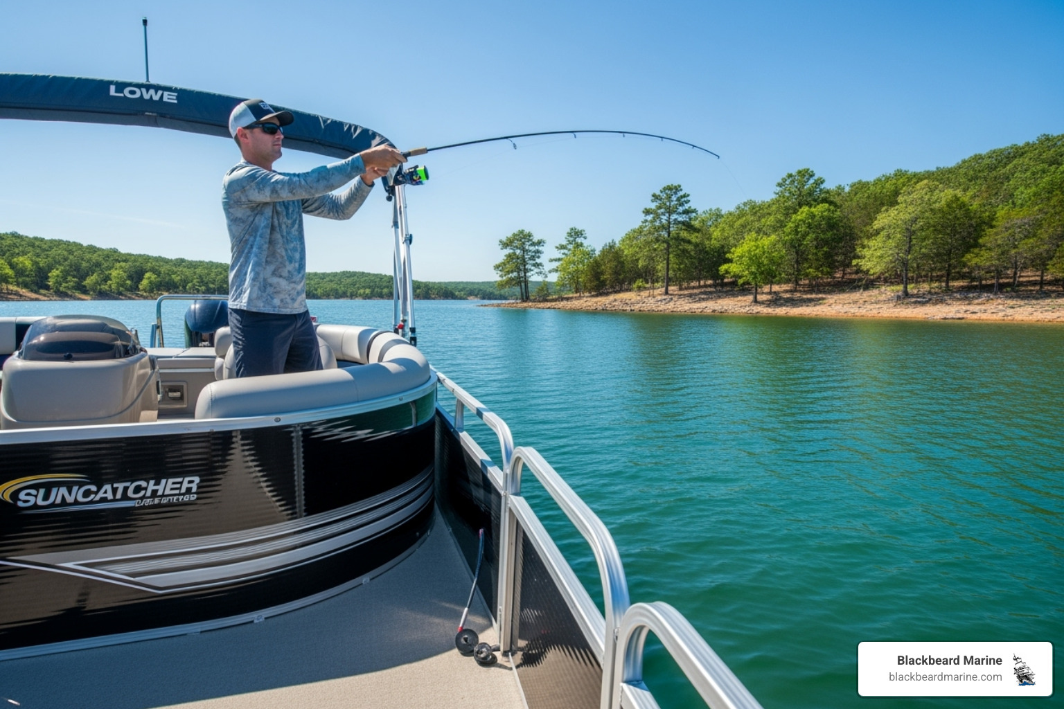 angler casting from the bow of a Suncatcher or Lowe pontoon near Table Rock Lake - Pontoon boat fishing setup