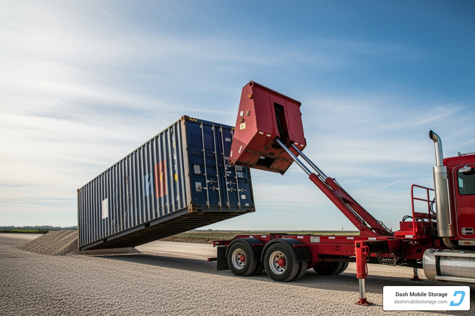 tilt-bed truck placing a container on a prepared site - rent shipping containers near me