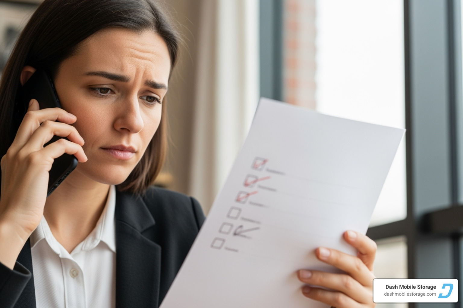 person on the phone with a checklist - rent shipping containers near me