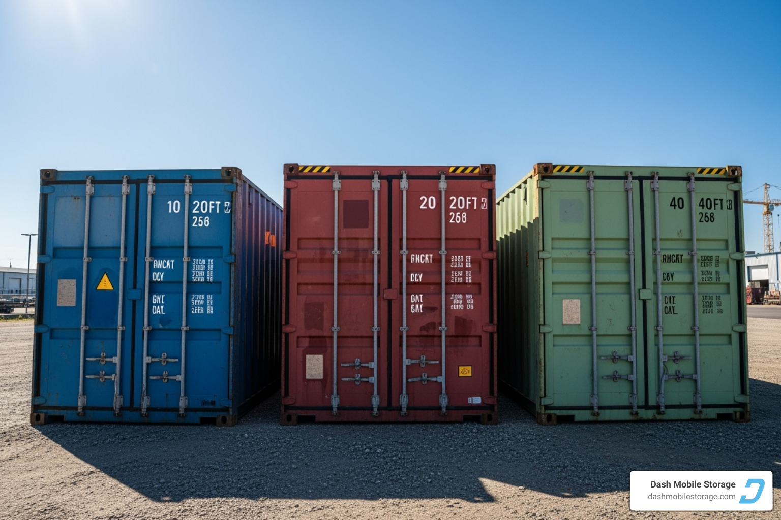 10ft, 20ft, and 40ft containers side-by-side for scale - rent shipping containers near me