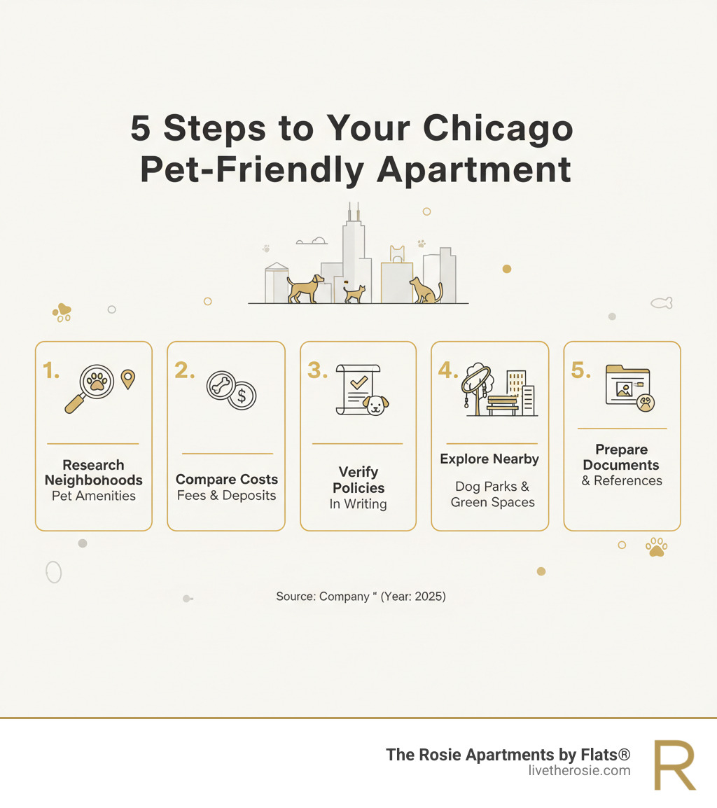 infographic showing 5 steps to secure a pet-friendly apartment: 1) Research neighborhoods with pet amenities, 2) Compare pet fees and deposits, 3) Verify pet policies in writing, 4) Visit dog parks and green spaces nearby, 5) Prepare pet documentation and references - pet friendly apartments Chicago infographic 