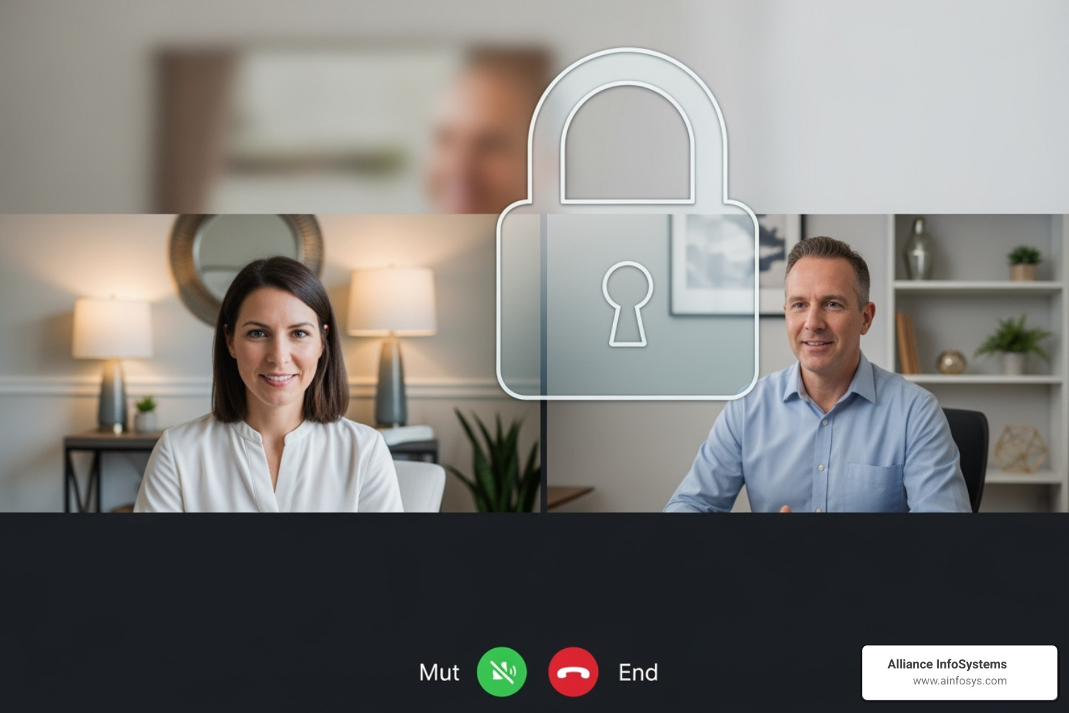 digital padlock icon overlaying a video therapy session screen - Remote & Hybrid Therapy IT Support digital padlock icon overlaying a video therapy session screen - Remote & Hybrid Therapy IT Support