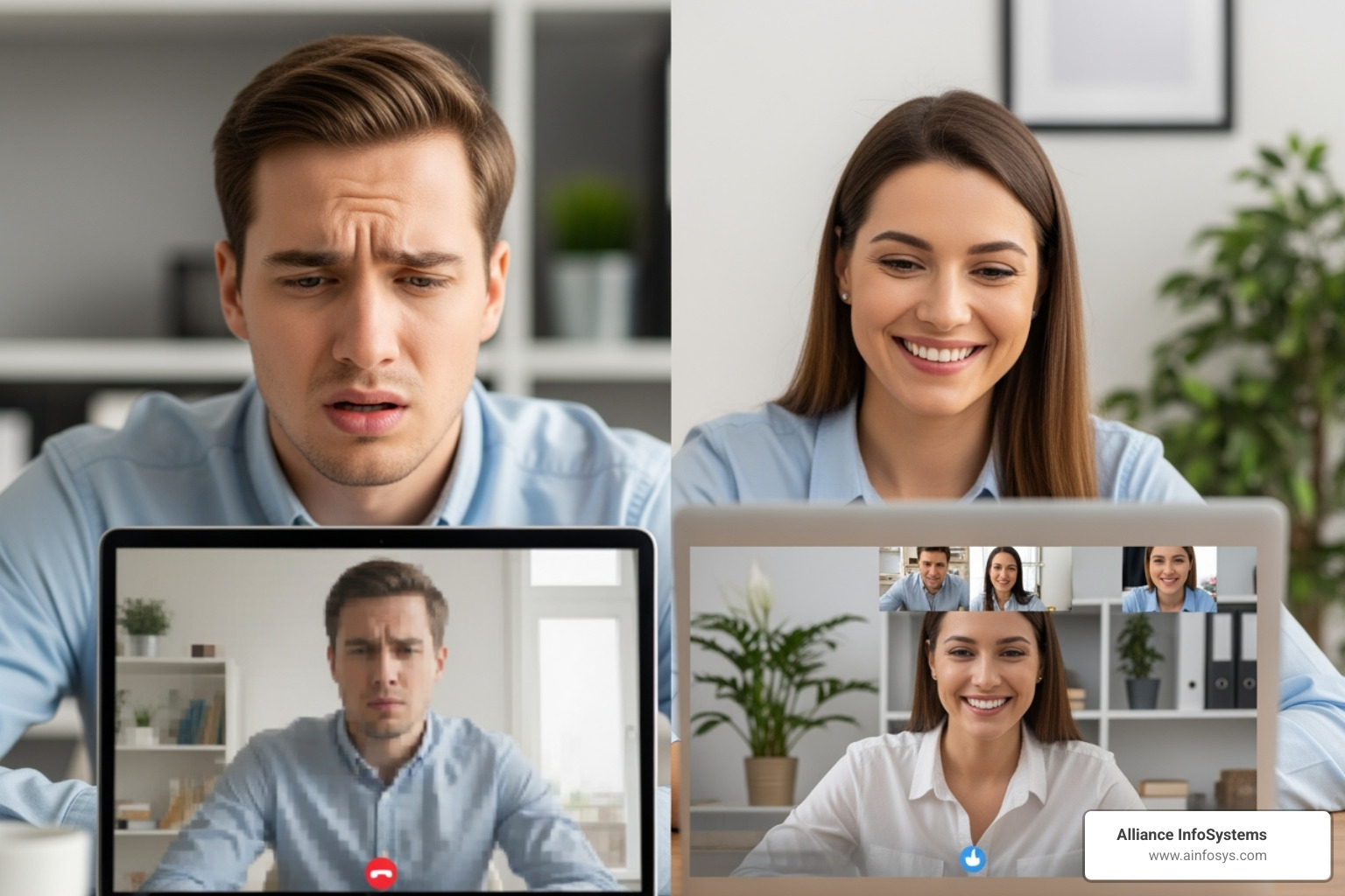 split screen showing a frustrated user with a poor connection and a happy user with a clear connection - Remote & Hybrid Therapy IT Support split screen showing a frustrated user with a poor connection and a happy user with a clear connection - Remote & Hybrid Therapy IT Support