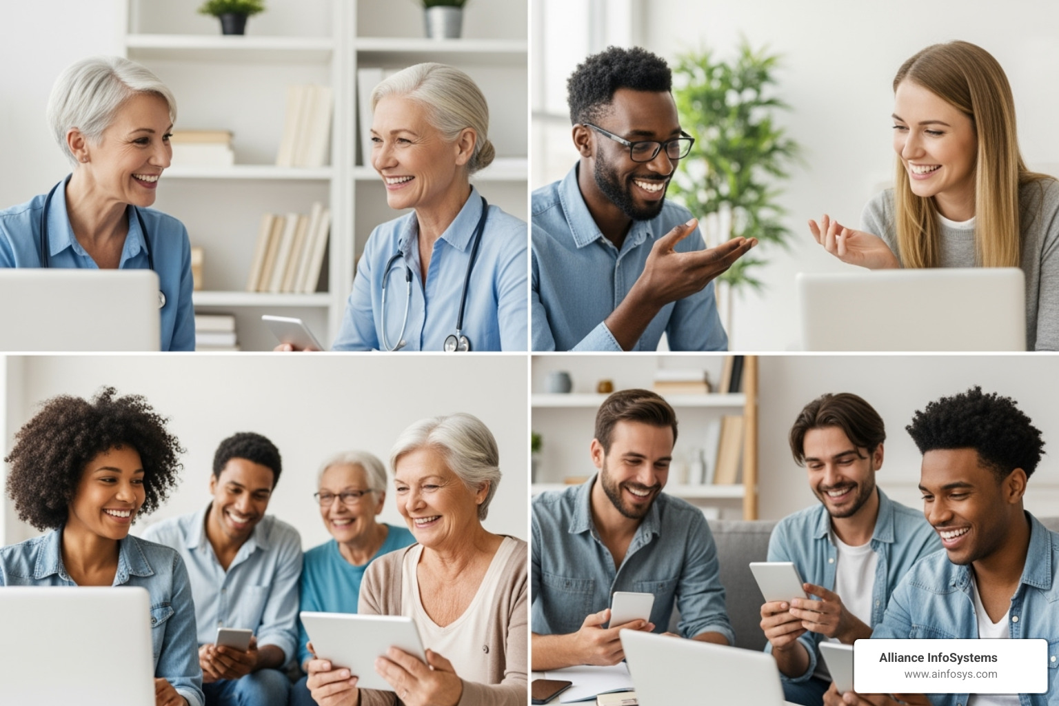 diverse group of therapists and patients happily using various devices for therapy - Remote & Hybrid Therapy IT Support diverse group of therapists and patients happily using various devices for therapy - Remote & Hybrid Therapy IT Support