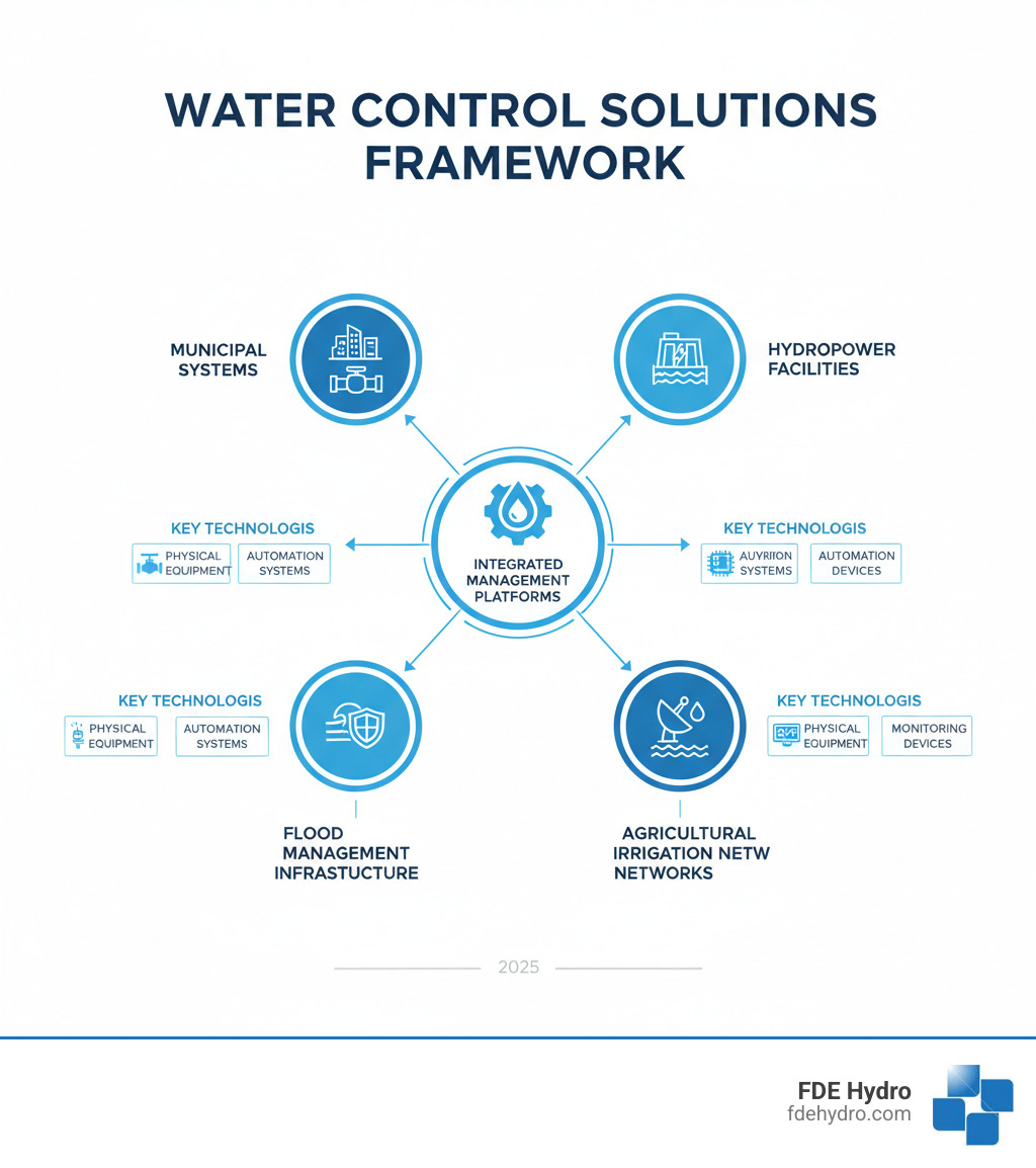Comprehensive water control solutions framework showing intervention points across municipal systems, hydropower facilities, flood management infrastructure, and agricultural irrigation networks, with key technologies including physical control equipment, automation systems, monitoring devices, and integrated management platforms - water control solutions infographic 