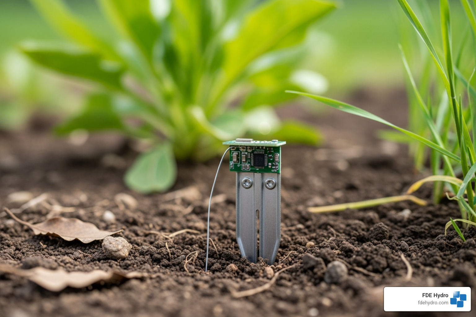 close-up on a soil moisture sensor in the ground - water control solutions