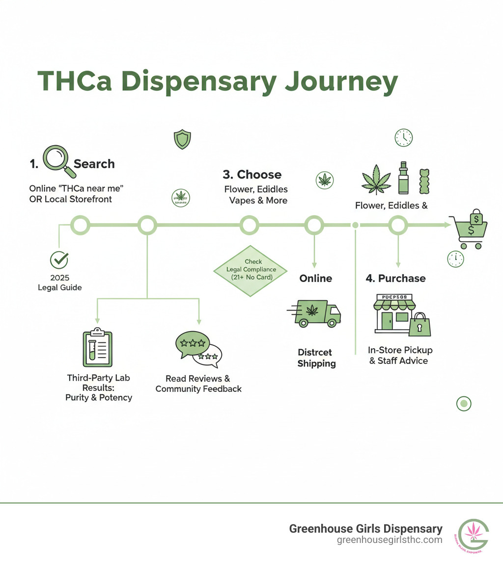 Infographic showing the journey from searching for a THCa dispensary to verifying lab results, choosing products, and making a purchase either online with discreet shipping or at a local storefront, highlighting key decision points like checking third-party testing, reading reviews, and confirming legal compliance - thca dispensary near me infographic 