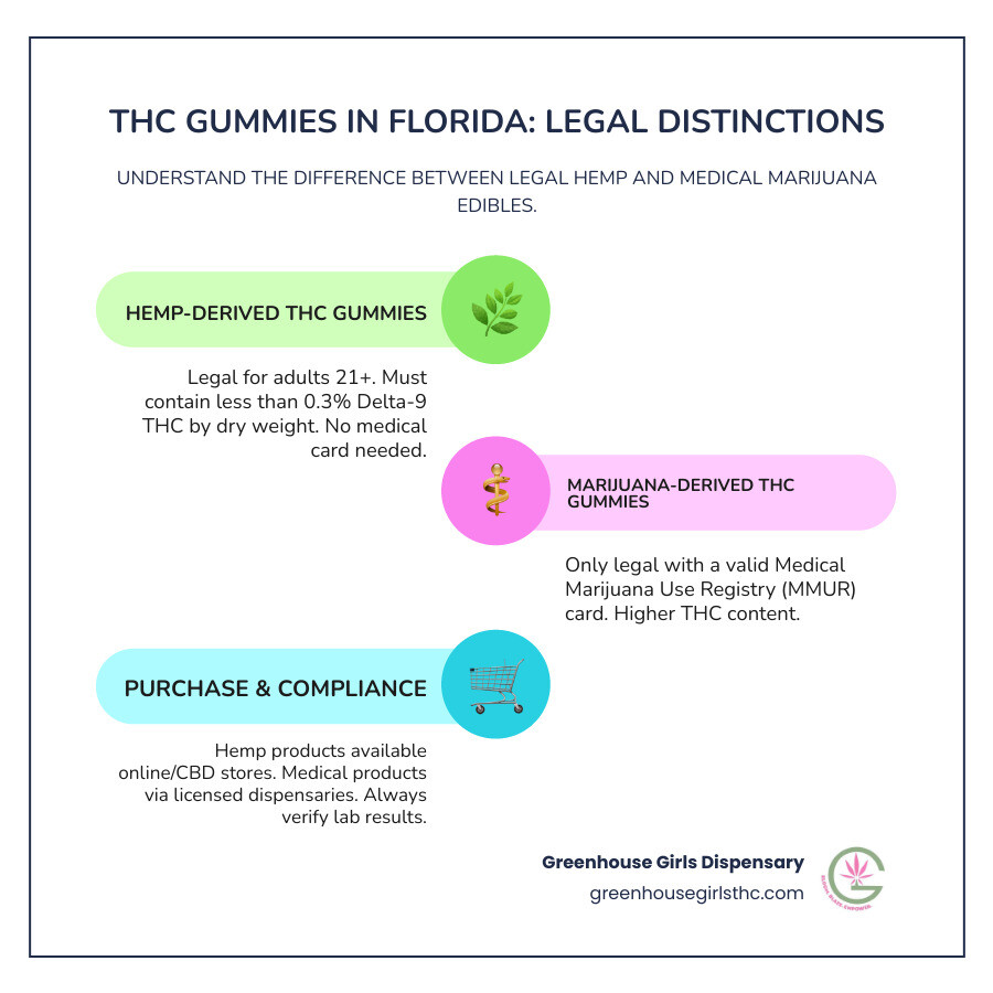 Infographic showing the legal distinction between hemp-derived THC gummies (legal for adults 21+ in Florida, sourced from hemp plants with less than 0.3% Delta-9 THC by dry weight, available at CBD stores and online) versus marijuana-derived THC gummies (legal only with medical marijuana card in Florida, sourced from marijuana plants with higher THC content, available only at licensed medical dispensaries) - THC gummies Florida infographic infographic-line-3-steps-colors