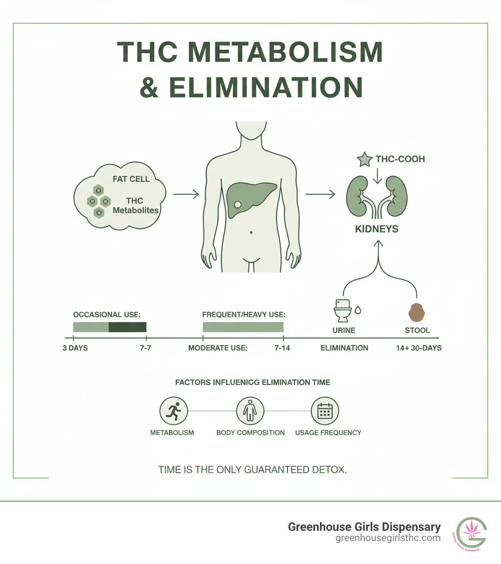 Infographic showing how THC metabolites are stored in fat cells, broken down by the liver into THC-COOH, filtered through the kidneys, and eliminated via urine and stool over time periods ranging from 3-30 days depending on usage frequency, body composition, and metabolism - best detox drink for delta 8 infographic 