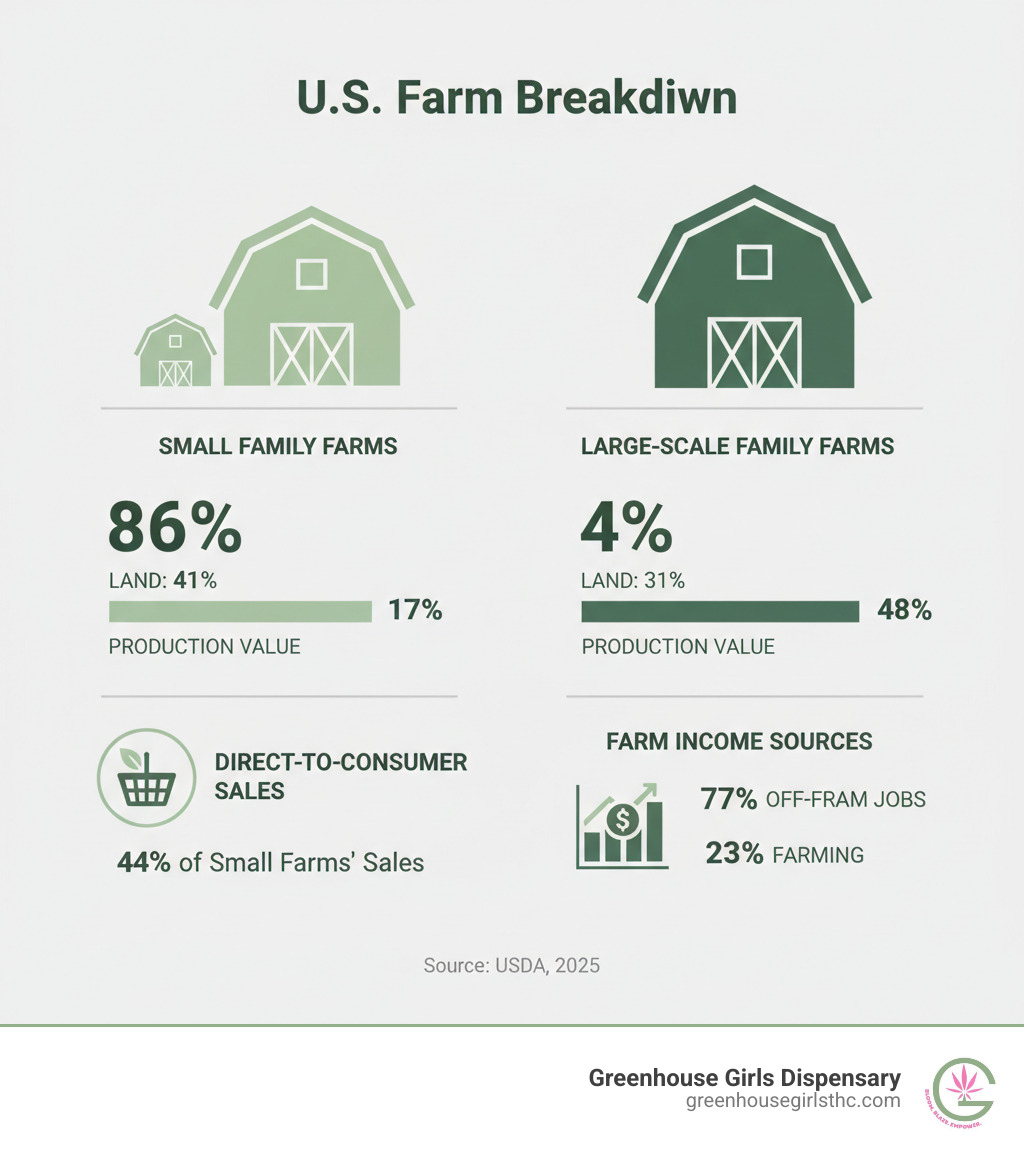 infographic showing breakdown of U.S. farms: 86% small family farms controlling 41% of land and 17% of production value, versus 4% large-scale family farms controlling 31% of land and 48% of production value, with statistics on direct-to-consumer sales and farm income sources - Small family farms infographic 