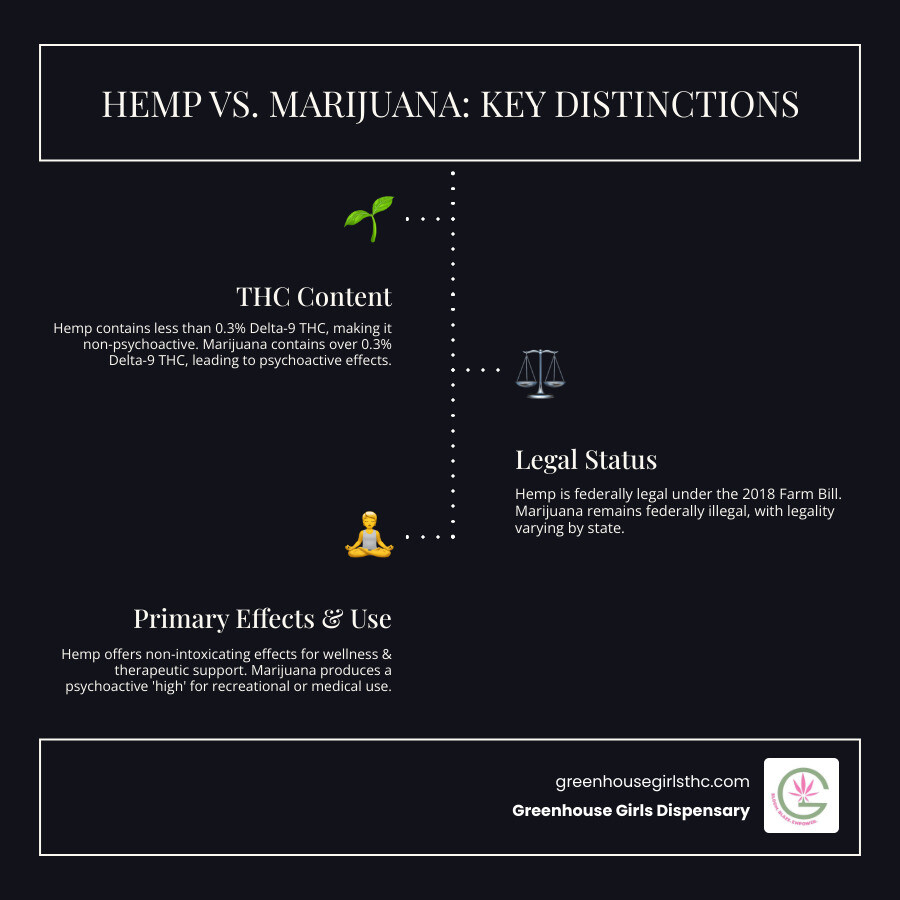 infographic showing the differences between hemp and marijuana plants, including THC content (hemp <0.3% vs marijuana >0.3%), legal status under 2018 Farm Bill, effects (non-intoxicating vs psychoactive), primary cannabinoids (CBD-rich vs THC-rich), and common uses (wellness and therapeutic vs recreational and medical) - Hemp flower effects infographic infographic-line-3-steps-dark infographic showing the differences between hemp and marijuana plants, including THC content (hemp <0.3% vs marijuana >0.3%), legal status under 2018 Farm Bill, effects (non-intoxicating vs psychoactive), primary cannabinoids (CBD-rich vs THC-rich), and common uses (wellness and therapeutic vs recreational and medical) - Hemp flower effects infographic infographic-line-3-steps-dark