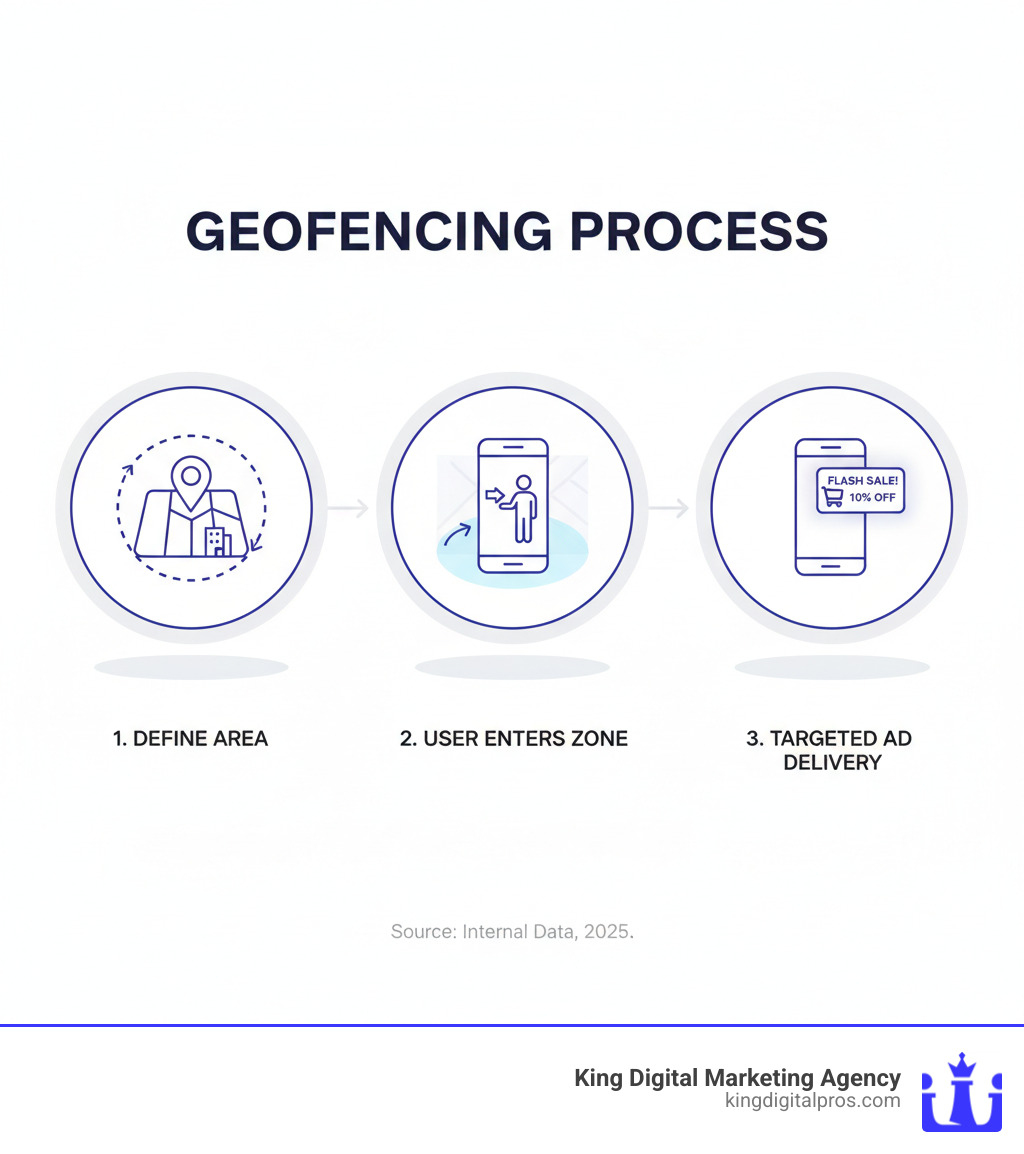 infographic showing three-step geofencing process with icons: step one shows a map with a circular boundary drawn around a business location, step two shows a mobile device entering that boundary zone, step three shows a targeted advertisement appearing on the device screen - Geofencing advertising cost infographic 