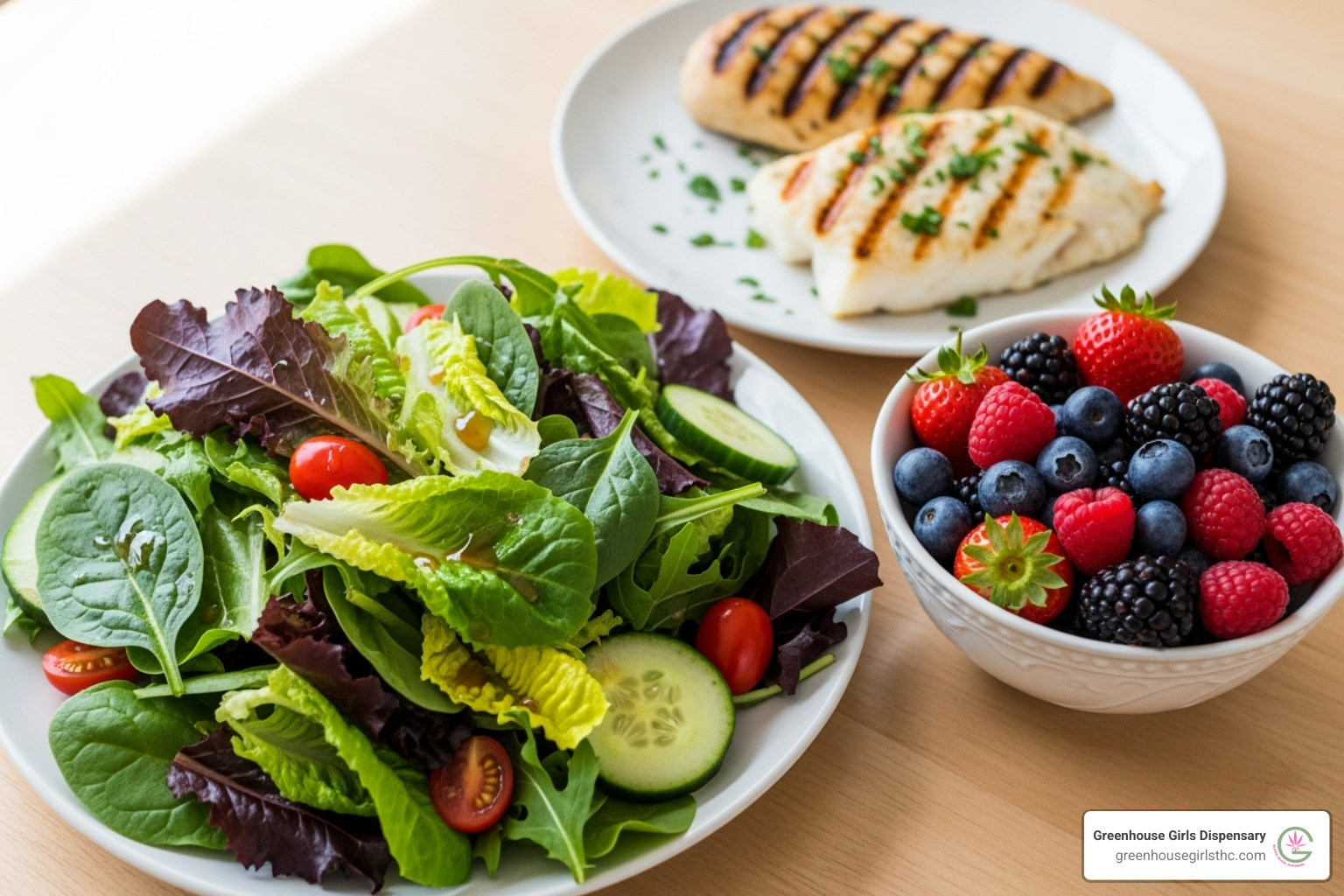 Image of healthy foods like leafy greens, berries, and lean protein - best detox drink for delta 8