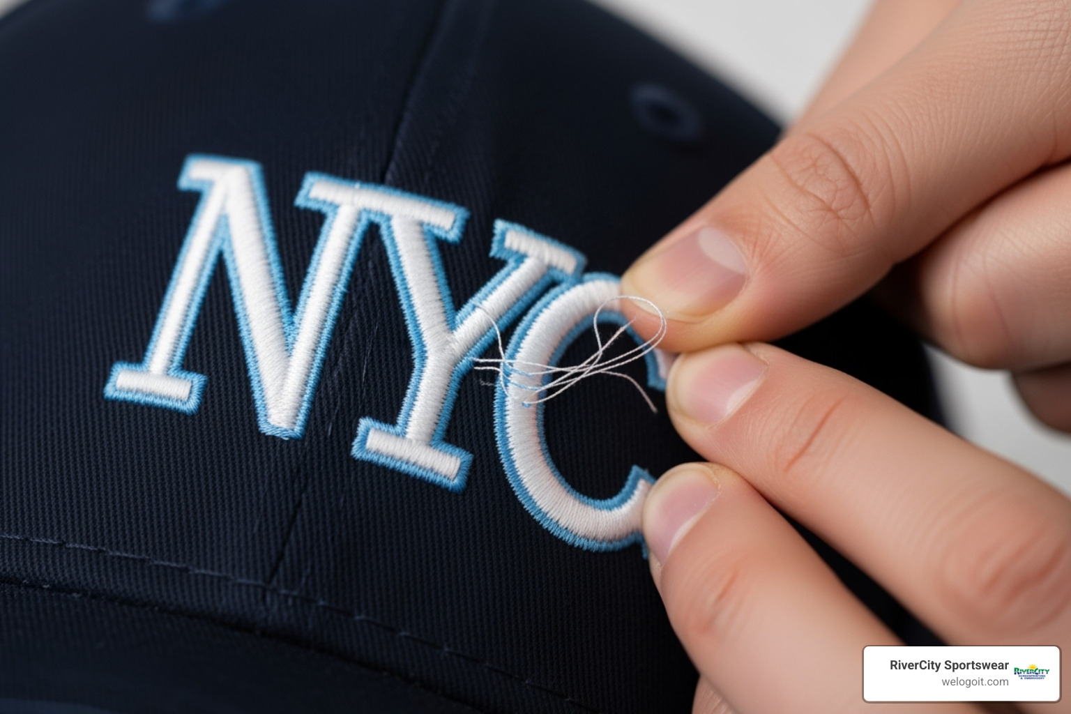 person inspecting quality of embroidered hat - promotional products Austin