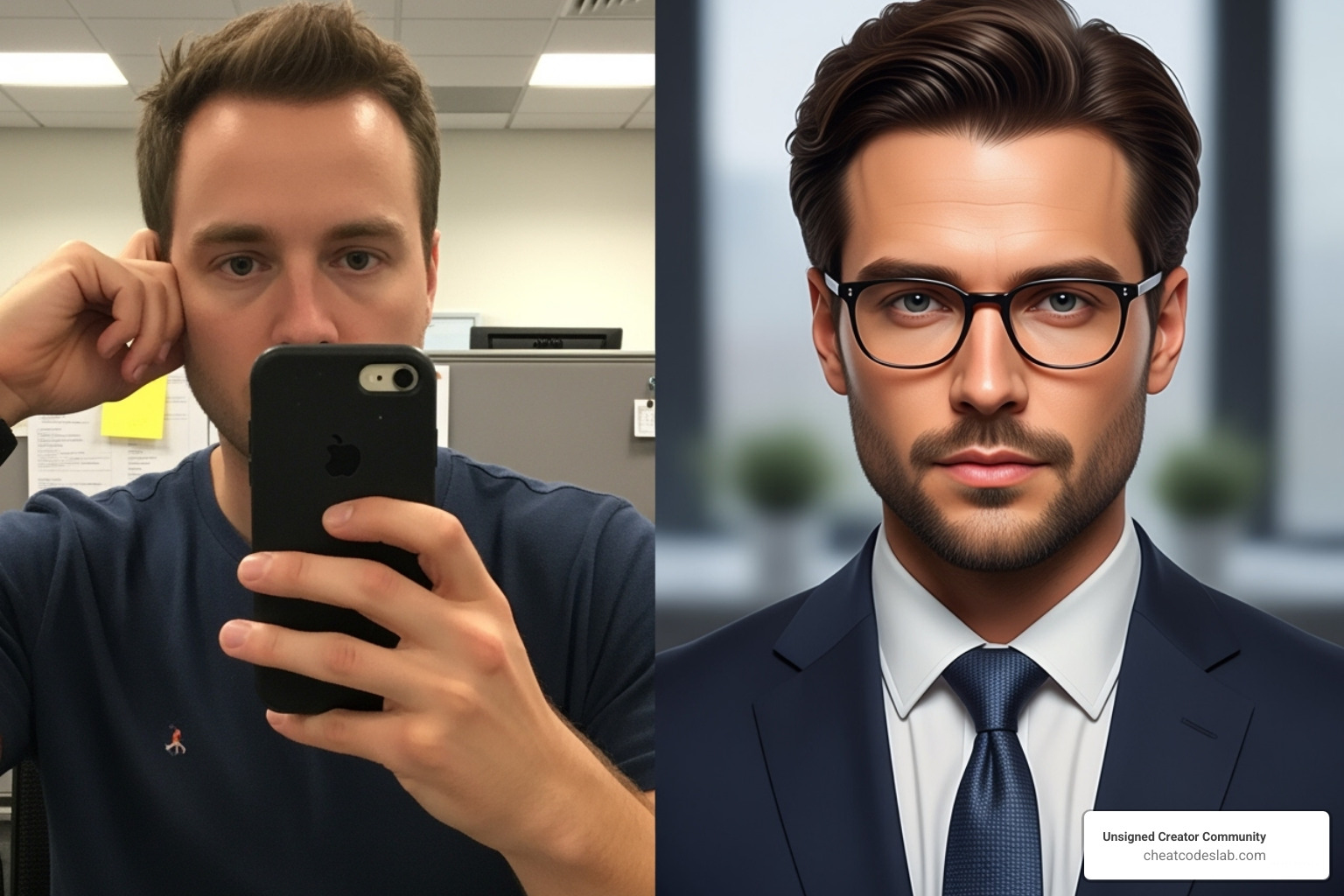 a comparison of a selfie input and a polished AI-generated headshot - real estate team photos