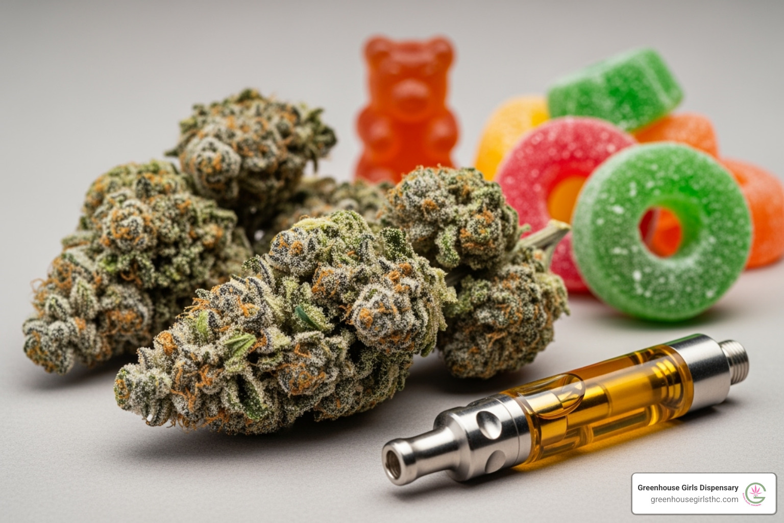 Close-up of different sample types: frosty THCa flower, colorful gummies, and a small vape cart - how to get free weed samples online Close-up of different sample types: frosty THCa flower, colorful gummies, and a small vape cart - how to get free weed samples online