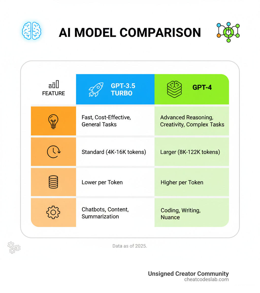 Table comparing popular OpenAI models (GPT-4, GPT-3.5-Turbo) on capability, context window, and relative cost - ChatGPT API tutorial infographic