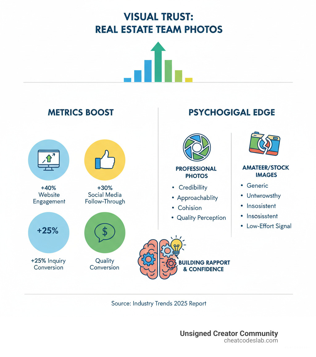 infographic showing the impact of professional real estate team photos on client trust metrics, including percentage increase in website engagement, social media follow-through rates, inquiry conversion rates, and the psychological factors that make professional photos effective versus amateur or stock images - real estate team photos infographic 