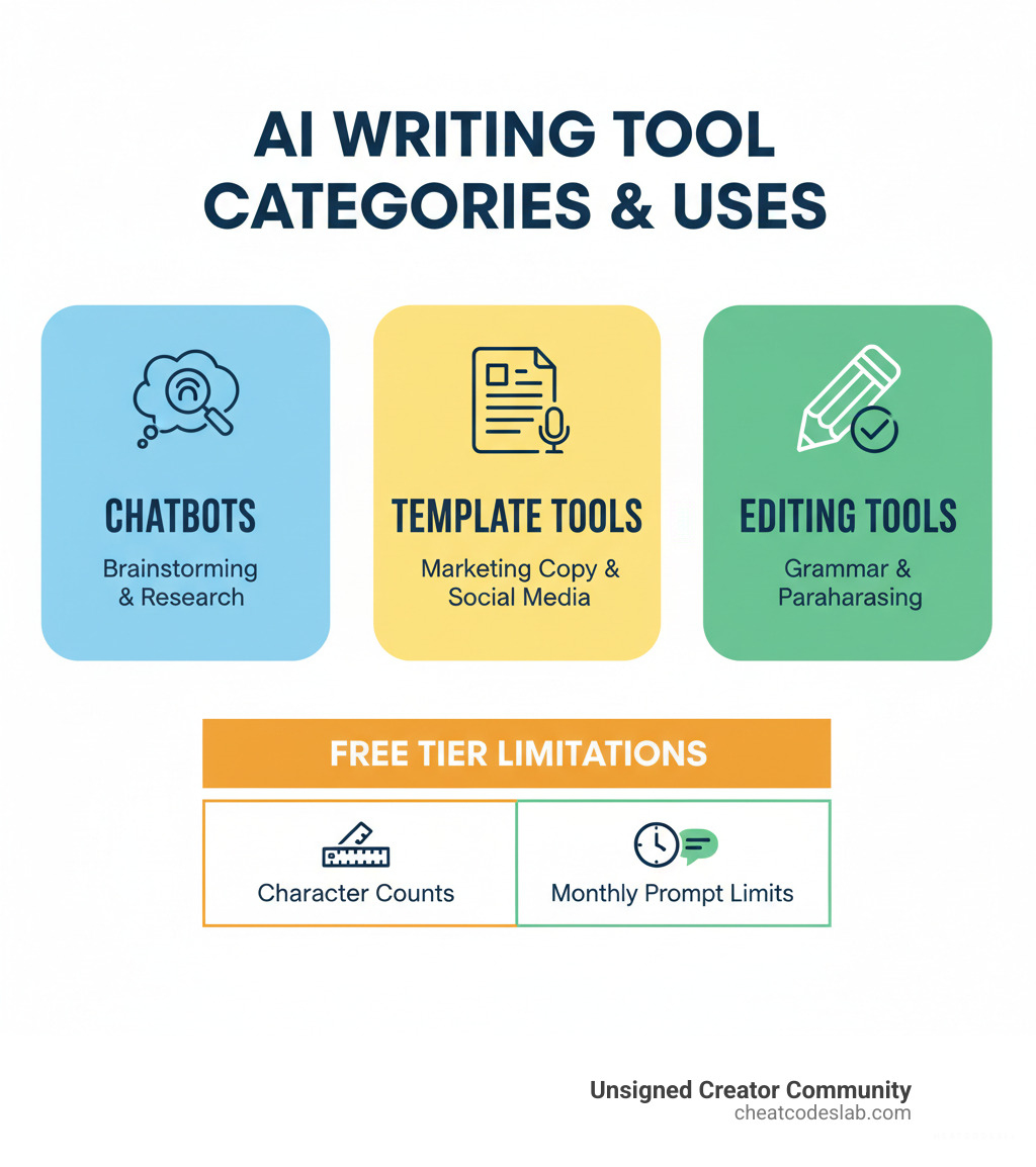 infographic showing AI writing tool categories and their primary uses: chatbots for brainstorming and research, template tools for marketing copy and social media, editing tools for grammar and paraphrasing, with free tier limitations like character counts and monthly prompt limits - best free ai writing software infographic 