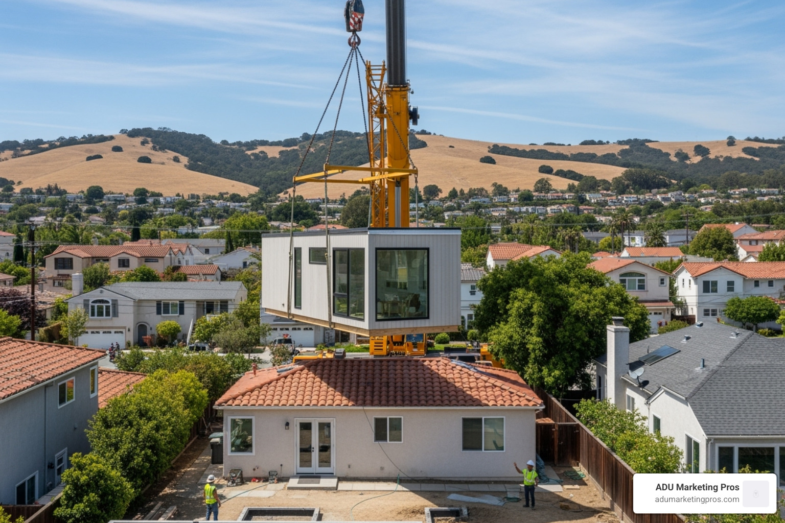 prefabricated modular ADU being craned into a Bay Area backyard - tiny home builders bay area