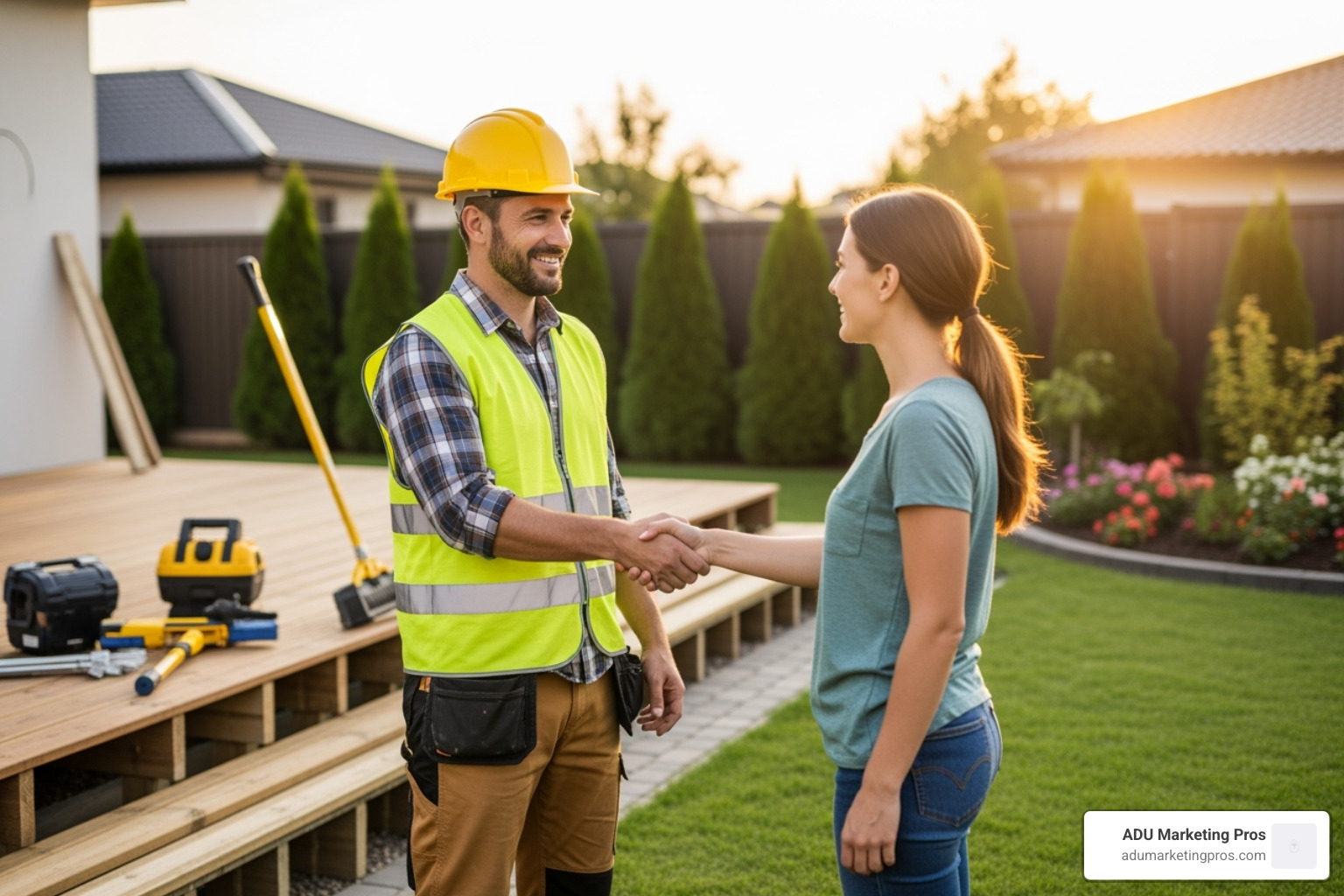 friendly construction manager shaking hands with a homeowner - tiny home builders bay area