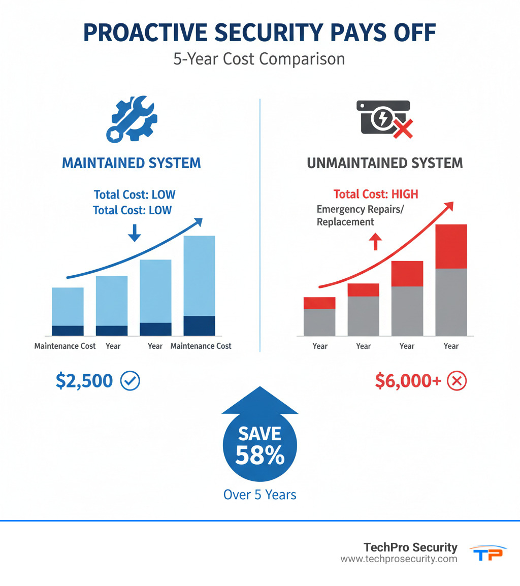 Infographic showing a comparison of costs over 5 years for a maintained security system versus an unmaintained system, illustrating significant savings from proactive maintenance. - security camera maintenance infographic 