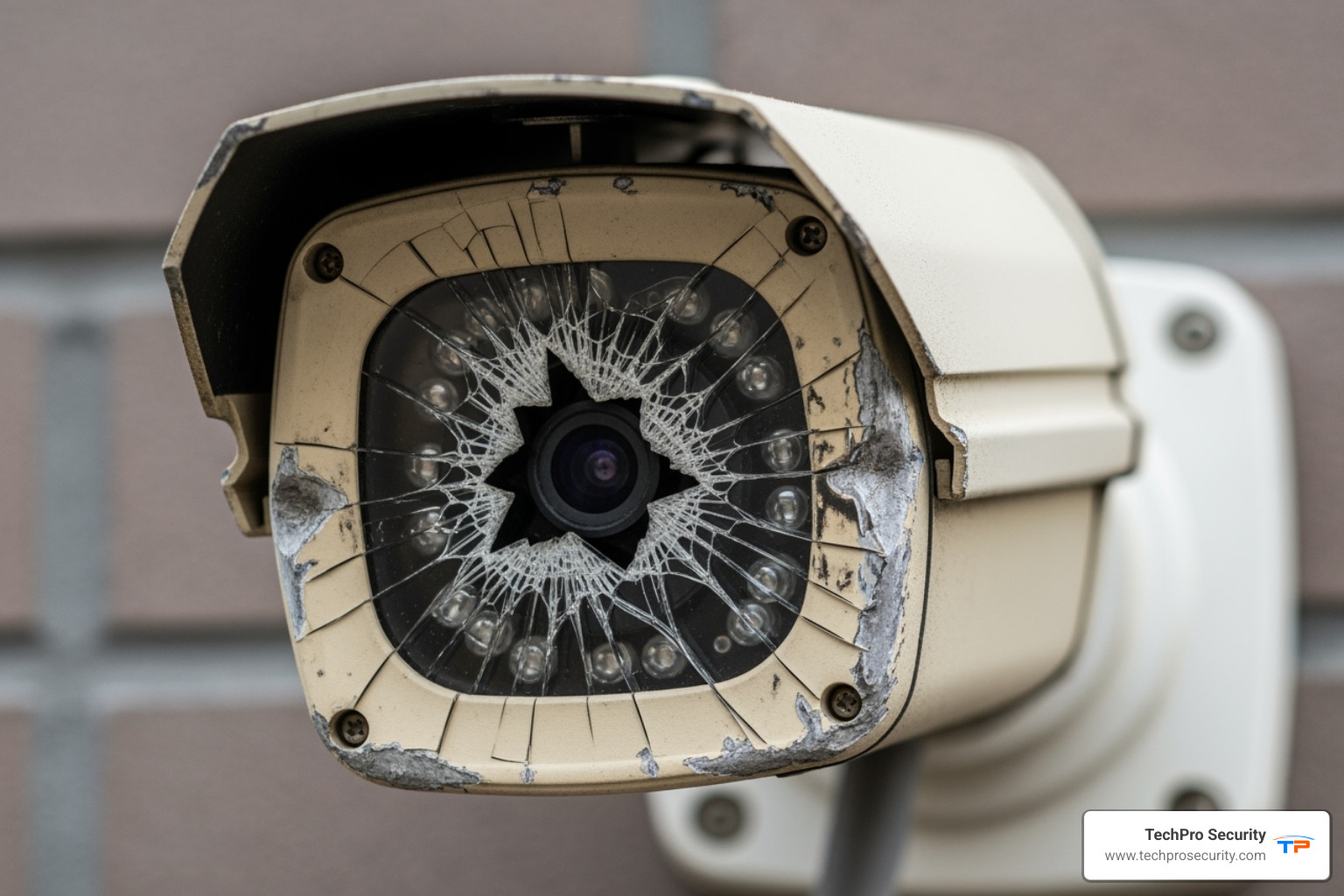 A security camera with a cracked lens and visible signs of physical damage, highlighting the need for repair. - security camera maintenance
