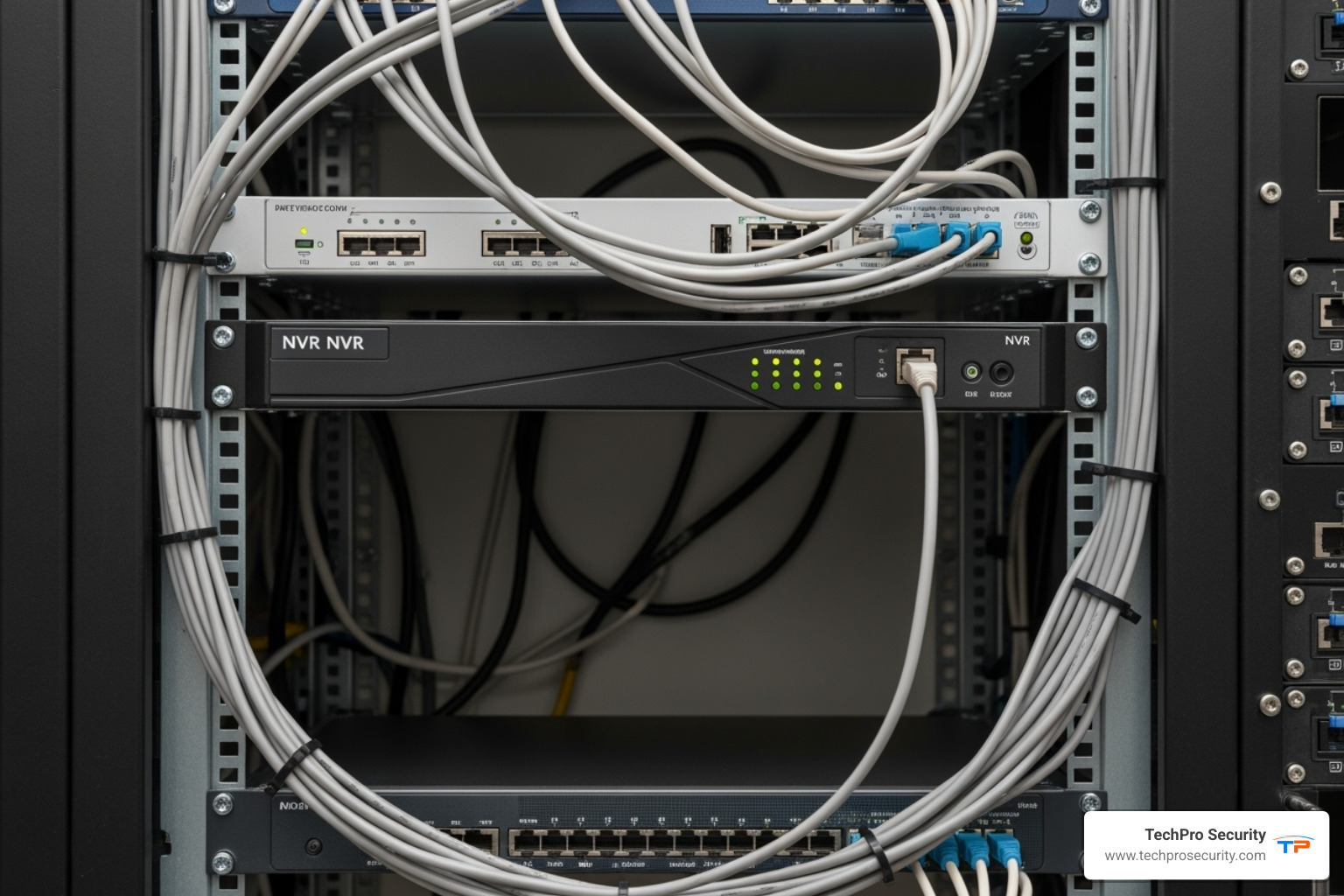 A neat and organized NVR setup with a network cable connected, showing good ventilation. - security camera maintenance
