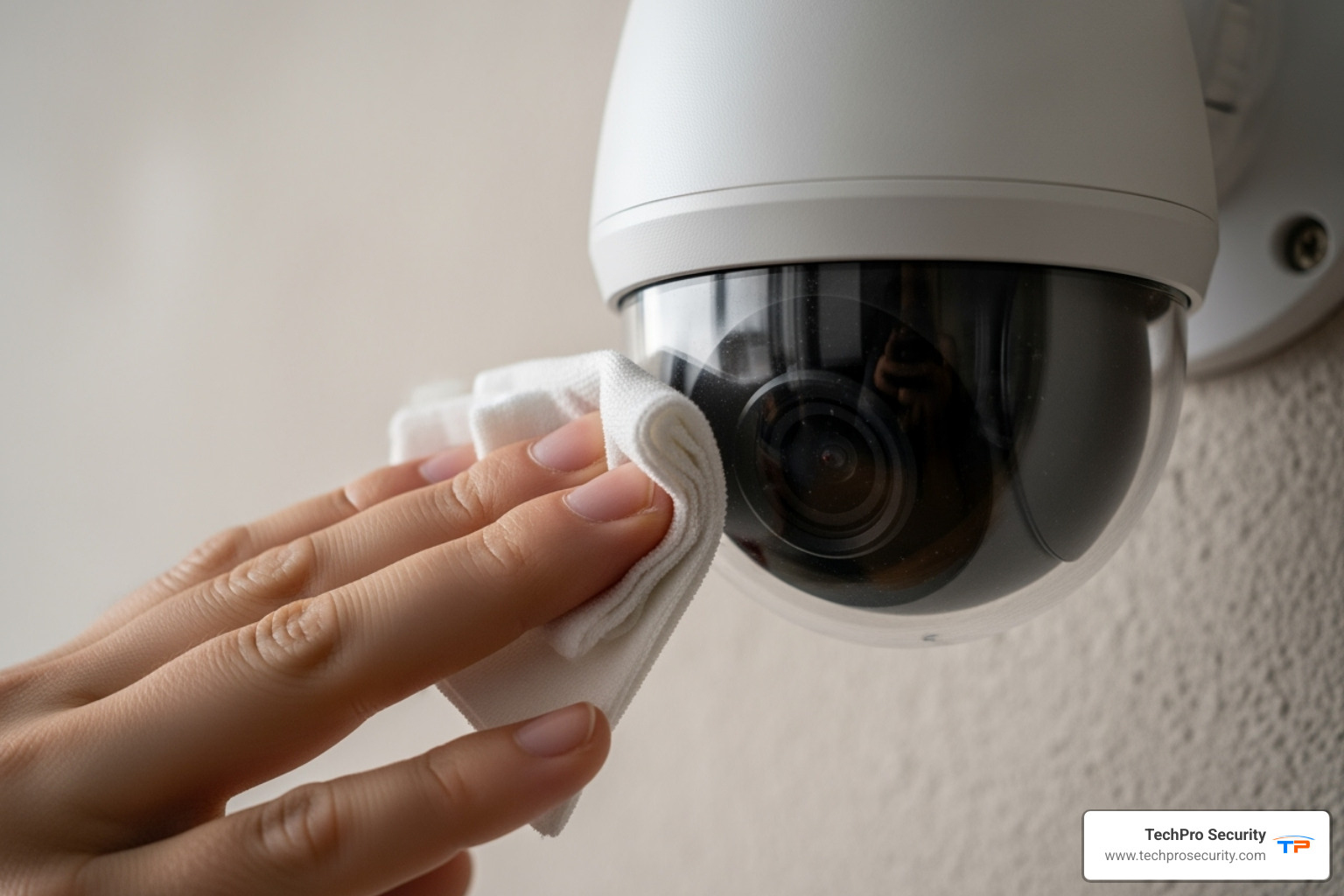 A person gently wiping the lens of a white dome security camera mounted on a wall. - security camera maintenance