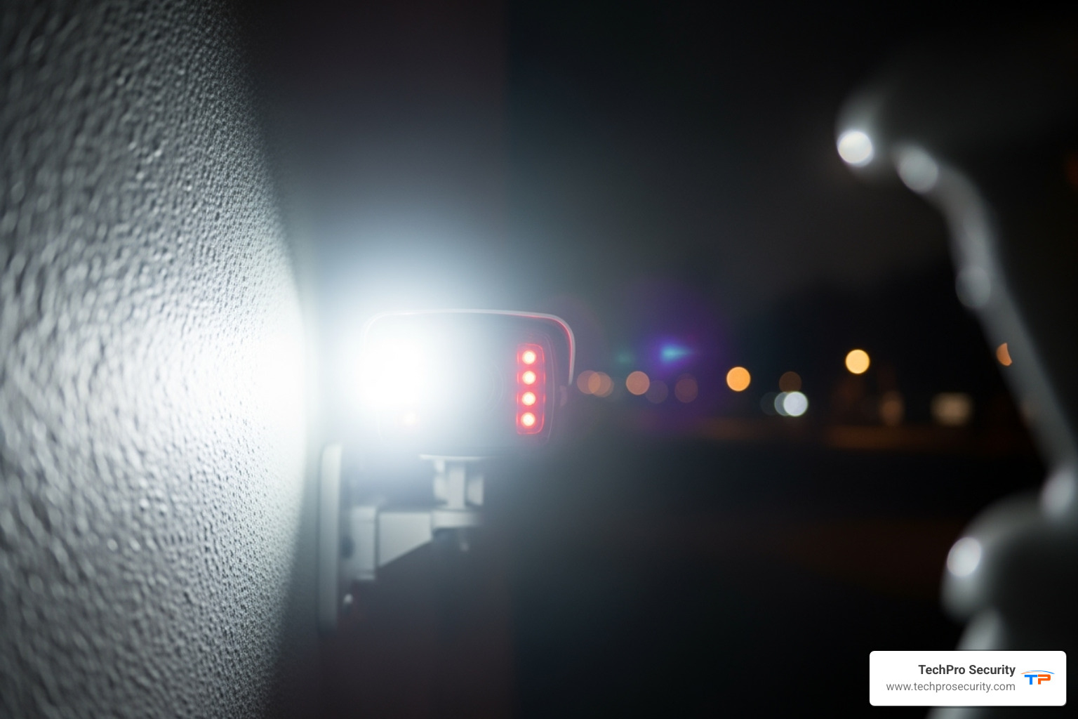 An image illustrating how infrared light from a security camera bounces off a nearby wall, causing a bright, washed-out area (IR glare) in the video feed. - security camera maintenance