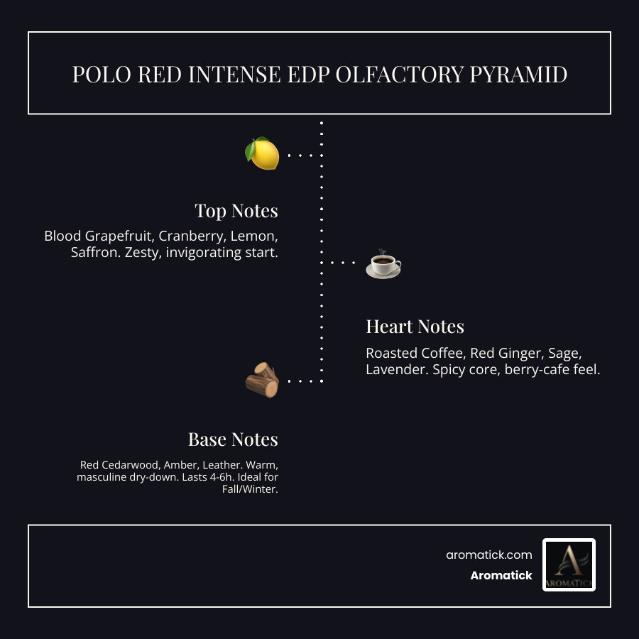 Infographic showing Polo Red Intense EDP fragrance pyramid with top notes (Blood Grapefruit, Cranberry, Lemon, Saffron), heart notes (Roasted Coffee, Red Ginger, Sage, Lavender), base notes (Red Cedar, Amber, Leather), alongside longevity rating of 4-6 hours and best season indicator showing Fall and Winter - polo red intense edp infographic infographic-line-3-steps-dark