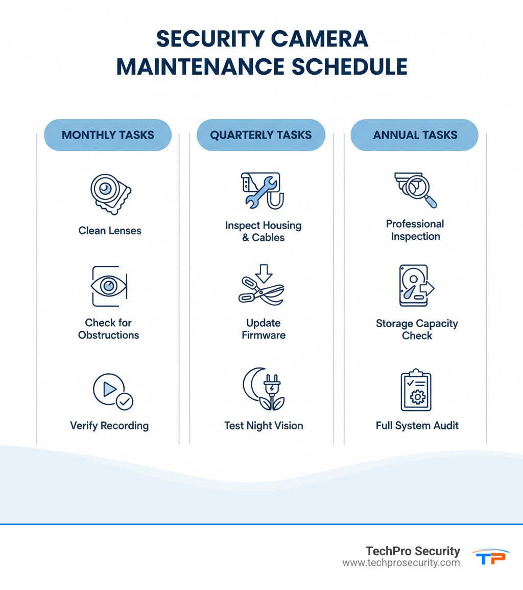 Infographic showing a security camera maintenance schedule with three columns: Monthly tasks (clean lenses, check for obstructions, verify recording), Quarterly tasks (inspect housing and cables, update firmware, trim vegetation, test night vision), and Annual tasks (professional inspection, storage capacity check, power supply testing, full system audit) - security camera maintenance infographic 