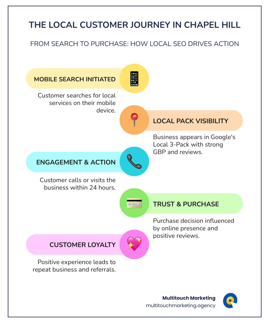 Infographic showing the local customer journey in Chapel Hill: 1. Customer searches on mobile for local service, 2. Reviews and Google Business Profile appear in Local 3-Pack, 3. Customer calls or visits within 24 hours, 4. Purchase decision made based on online presence and reviews - local seo chapel hill infographic infographic-line-5-steps-colors
