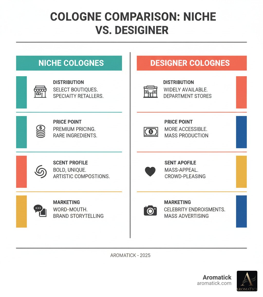 Infographic comparing Niche vs Designer Colognes: Distribution (Niche: Select boutiques and specialty retailers vs Designer: Widely available in department stores), Price Point (Niche: Premium pricing due to rare ingredients vs Designer: More accessible pricing), Scent Profile (Niche: Bold, unique, artistic compositions vs Designer: Mass-appeal, crowd-pleasing scents), Marketing Approach (Niche: Word-of-mouth and brand storytelling vs Designer: Celebrity endorsements and mass advertising) - niche cologne infographic Infographic comparing Niche vs Designer Colognes: Distribution (Niche: Select boutiques and specialty retailers vs Designer: Widely available in department stores), Price Point (Niche: Premium pricing due to rare ingredients vs Designer: More accessible pricing), Scent Profile (Niche: Bold, unique, artistic compositions vs Designer: Mass-appeal, crowd-pleasing scents), Marketing Approach (Niche: Word-of-mouth and brand storytelling vs Designer: Celebrity endorsements and mass advertising) - niche cologne infographic