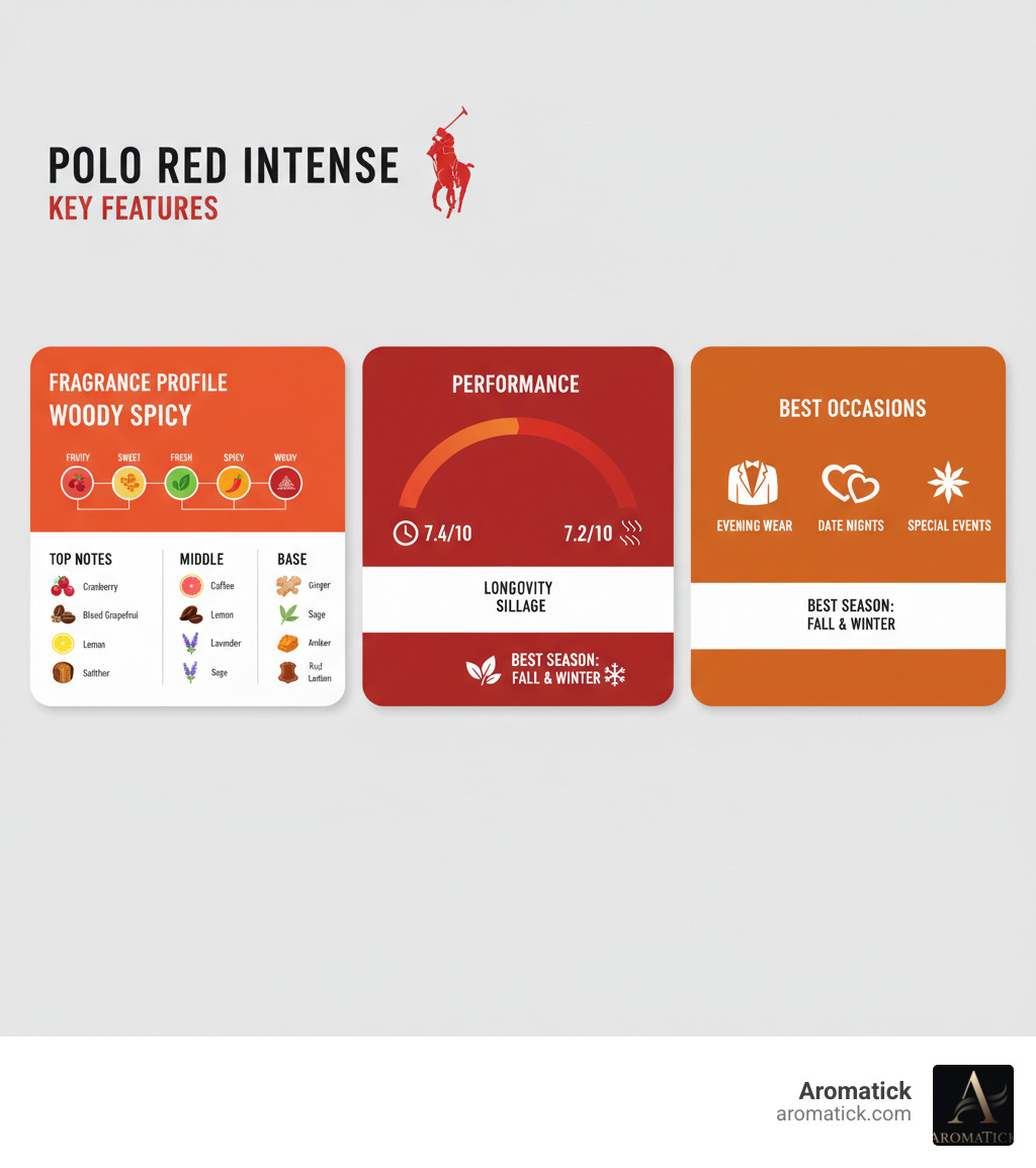 Infographic showing Polo Red Intense key features: Fragrance Family is Woody Spicy with main accords of Fruity, Sweet, Fresh, Spicy, and Woody. Top Notes include Cranberry, Blood Grapefruit, Coffee, Lemon, and Saffron. Middle Notes feature Ginger, Lavender, and Sage. Base Notes are Red Cedar, Amber, and Red Leather. Performance ratings show Longevity at 7.4 out of 10 and Sillage at 7.2 out of 10. Best Season is Fall and Winter. Best Occasions are Evening wear, Date nights, and Special events. - polo red intense perfume infographic 