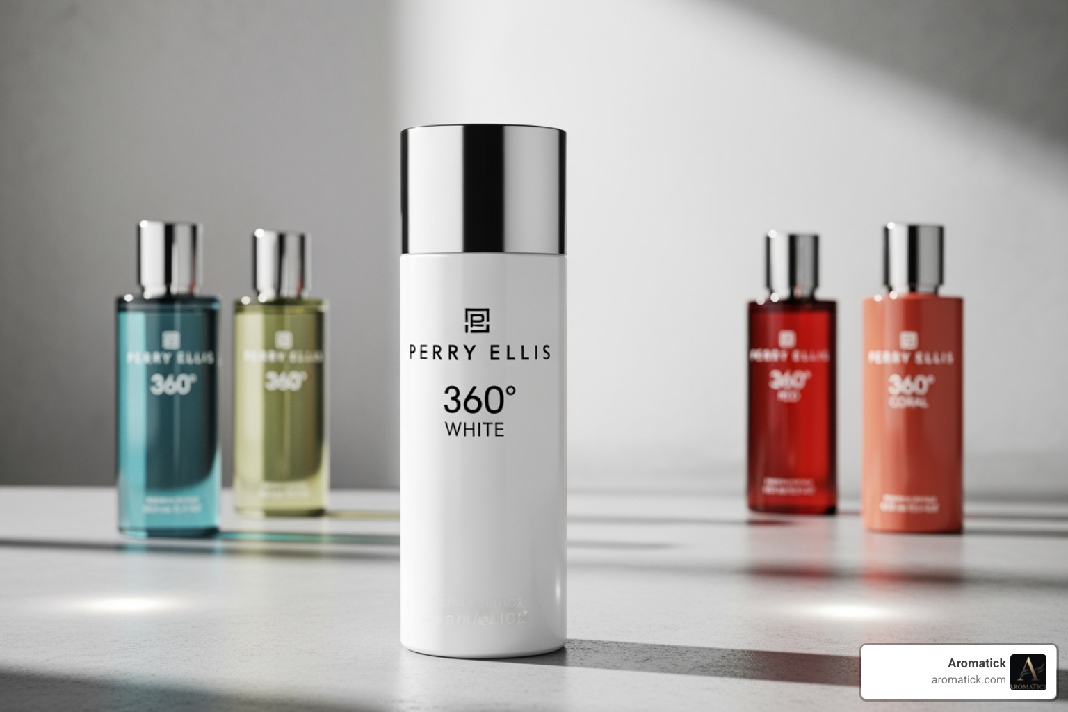 Perry Ellis 360 White bottle with other Perry Ellis fragrances blurred in the background - 360 white perry ellis