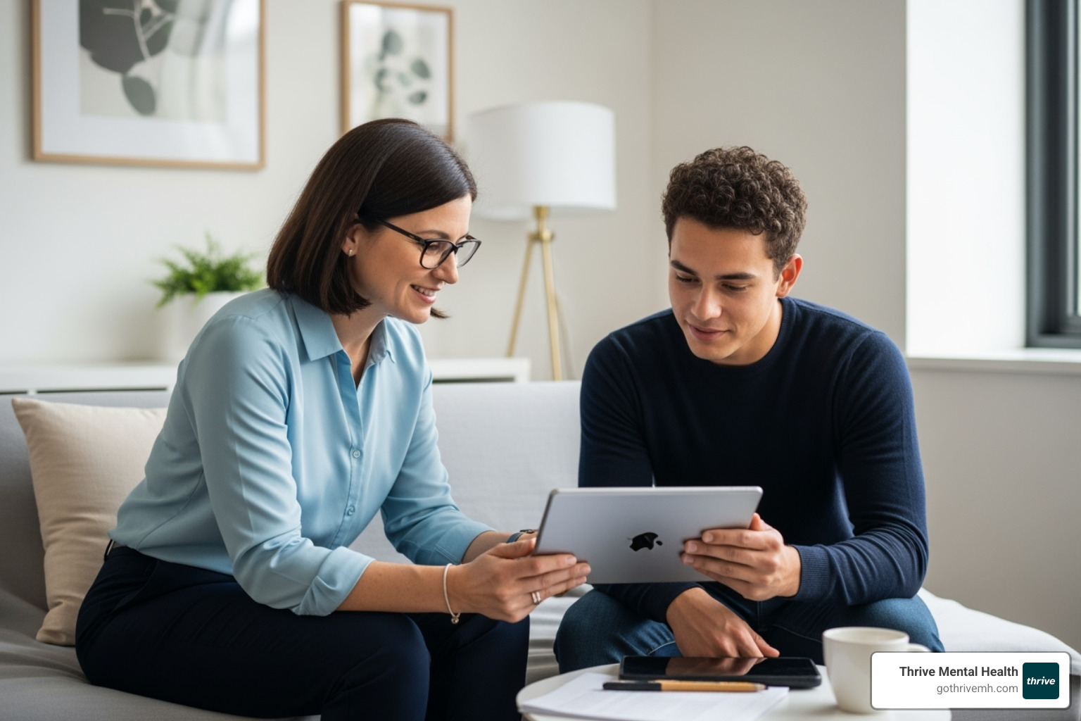 therapist and a young adult using a tablet together during a therapy session, representing modern, tech-integrated support - autism diagnosis and treatment