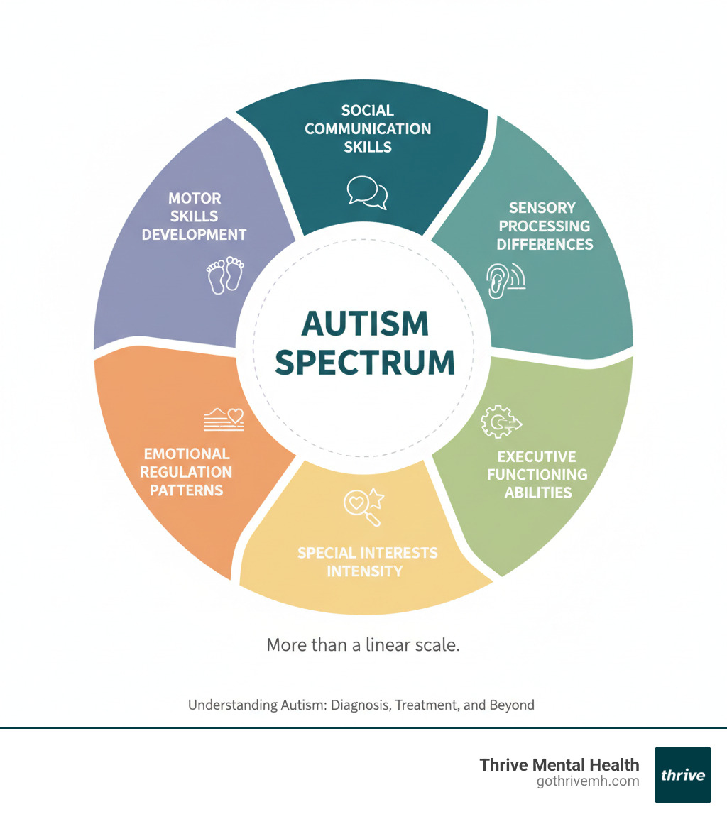 infographic showing autism as a spectrum with multiple dimensions including social communication skills, sensory processing differences, executive functioning abilities, special interests intensity, emotional regulation patterns, and motor skills development arranged in a color wheel format rather than a linear scale - autism diagnosis and treatment infographic 