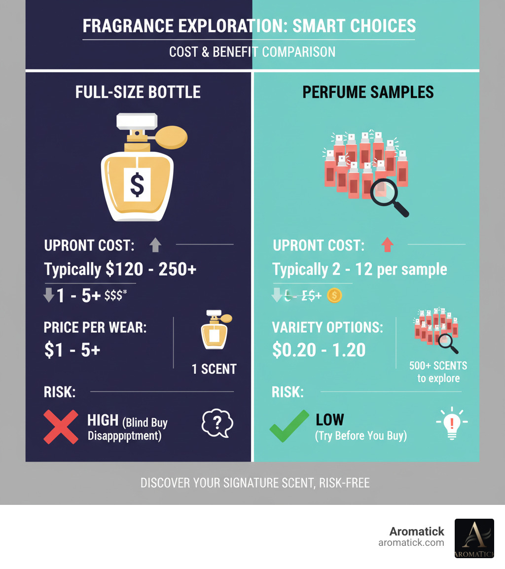 infographic showing cost comparison between buying full-size designer perfume bottles versus sampling multiple fragrances through sample programs, including breakdown of price per wear, variety options, and risk reduction benefits - designer perfume samples infographic  infographic showing cost comparison between buying full-size designer perfume bottles versus sampling multiple fragrances through sample programs, including breakdown of price per wear, variety options, and risk reduction benefits - designer perfume samples infographic