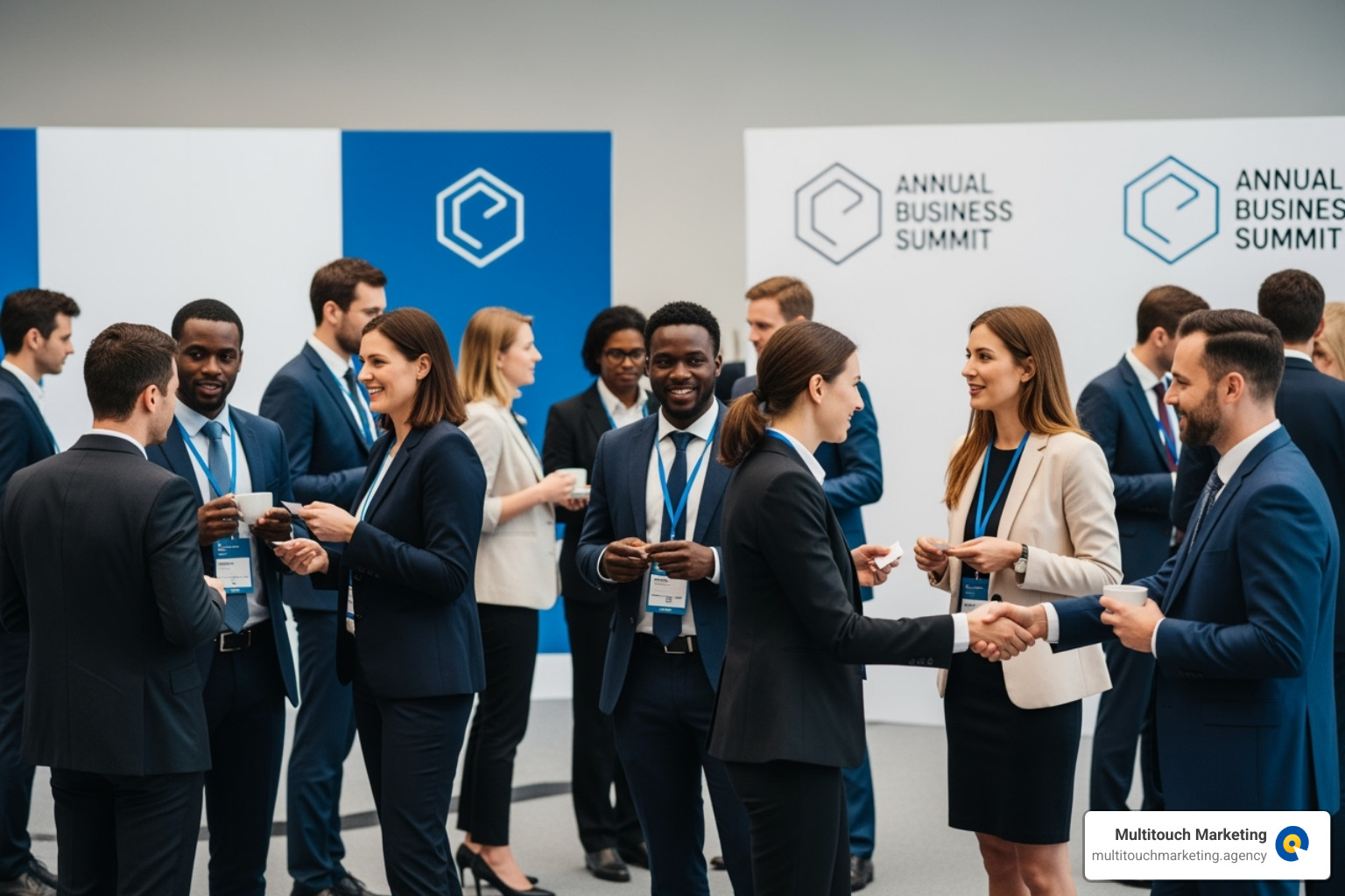 Professionals in business attire networking and exchanging business cards at a local conference. - raleigh durham social media marketing